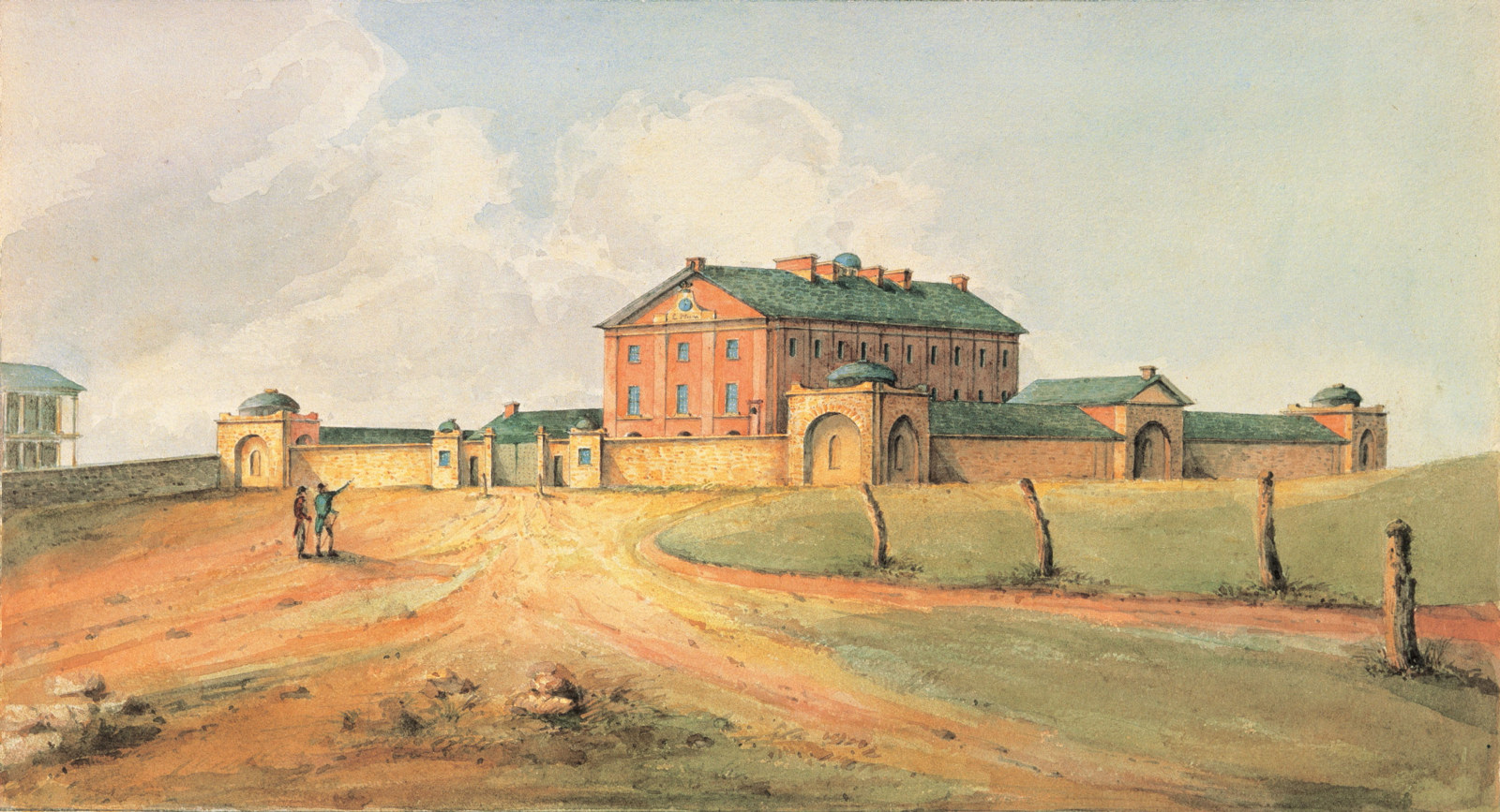 Painting of Hyde Park baracks from south western courner shortly after construction with two men in front. It looks dry and there are no trees.