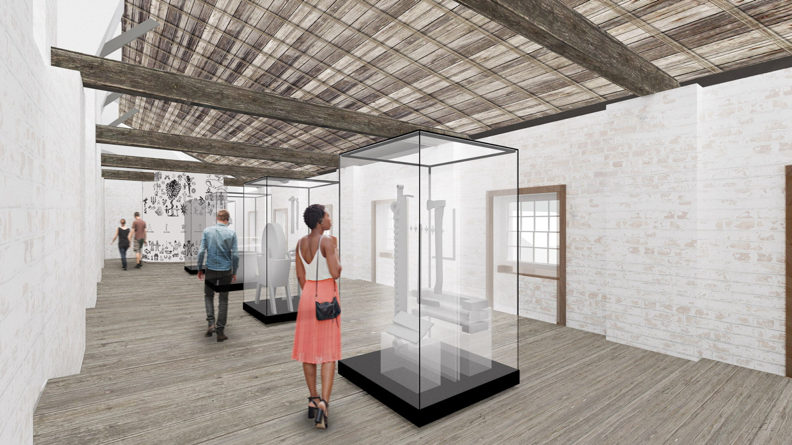 Artist's rendition of white painted room with exposed ceiling beams, with showcases and people for scale.