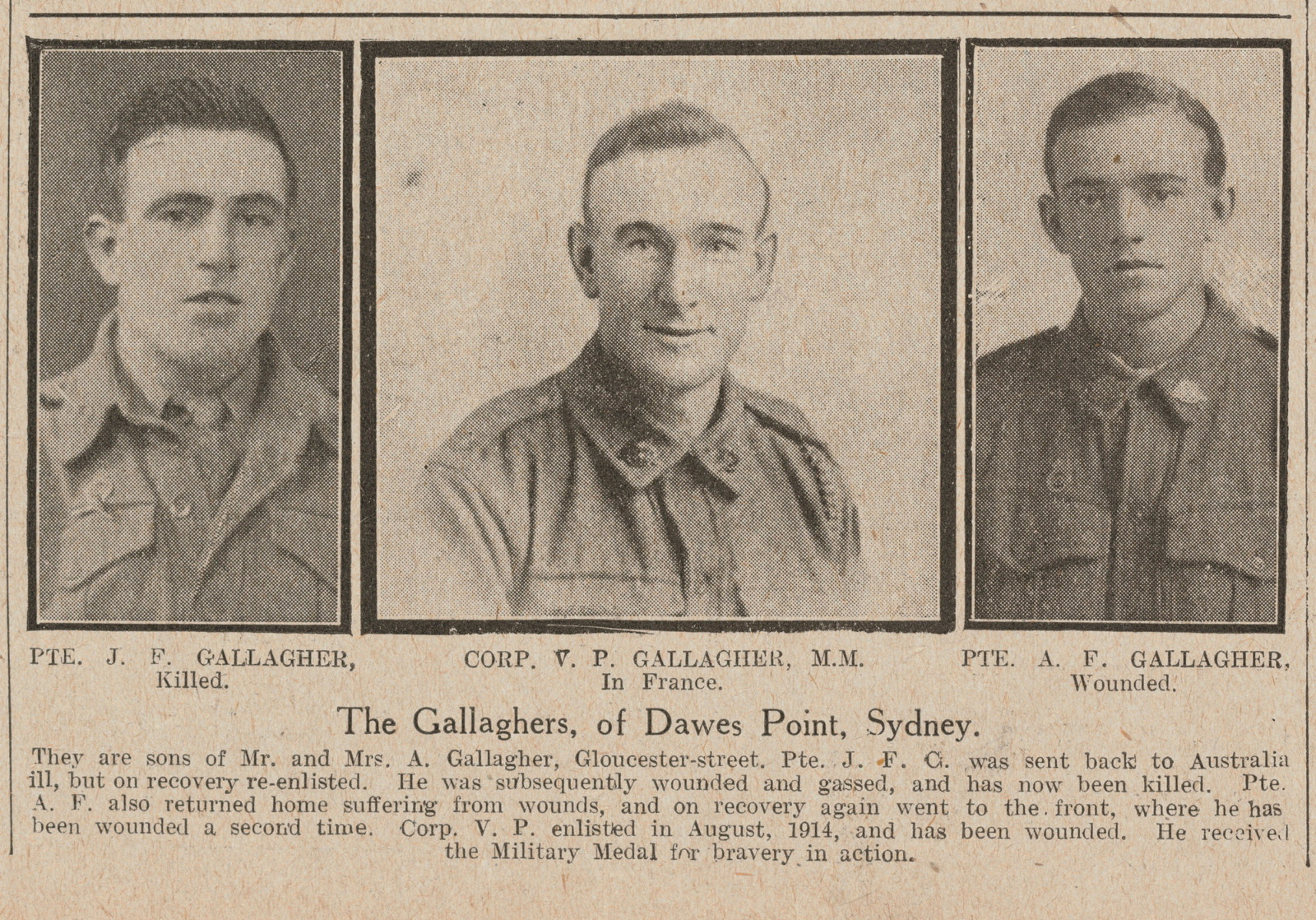 Newspaper clipping showing the three Gallagher boys.