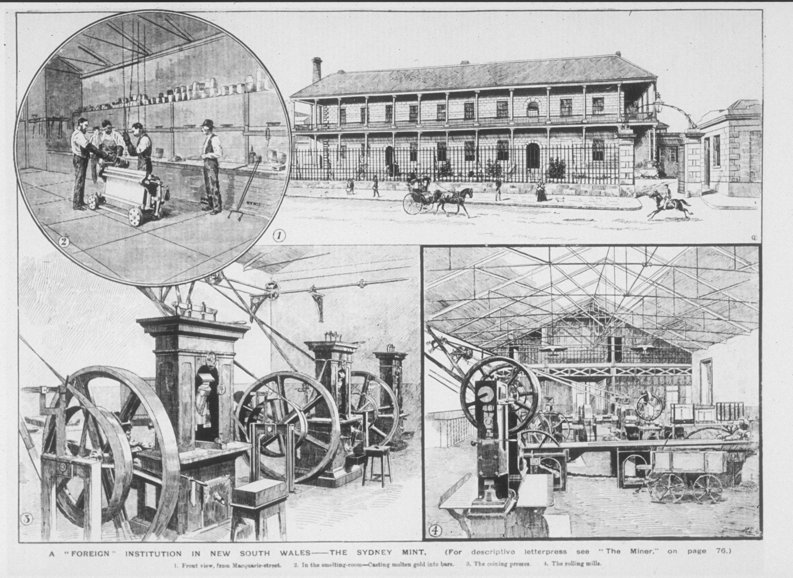 Series of B/W illustrations of metal rolling and coin pressing machinary and an exterior view of a large 2 storey verandah building with workers.