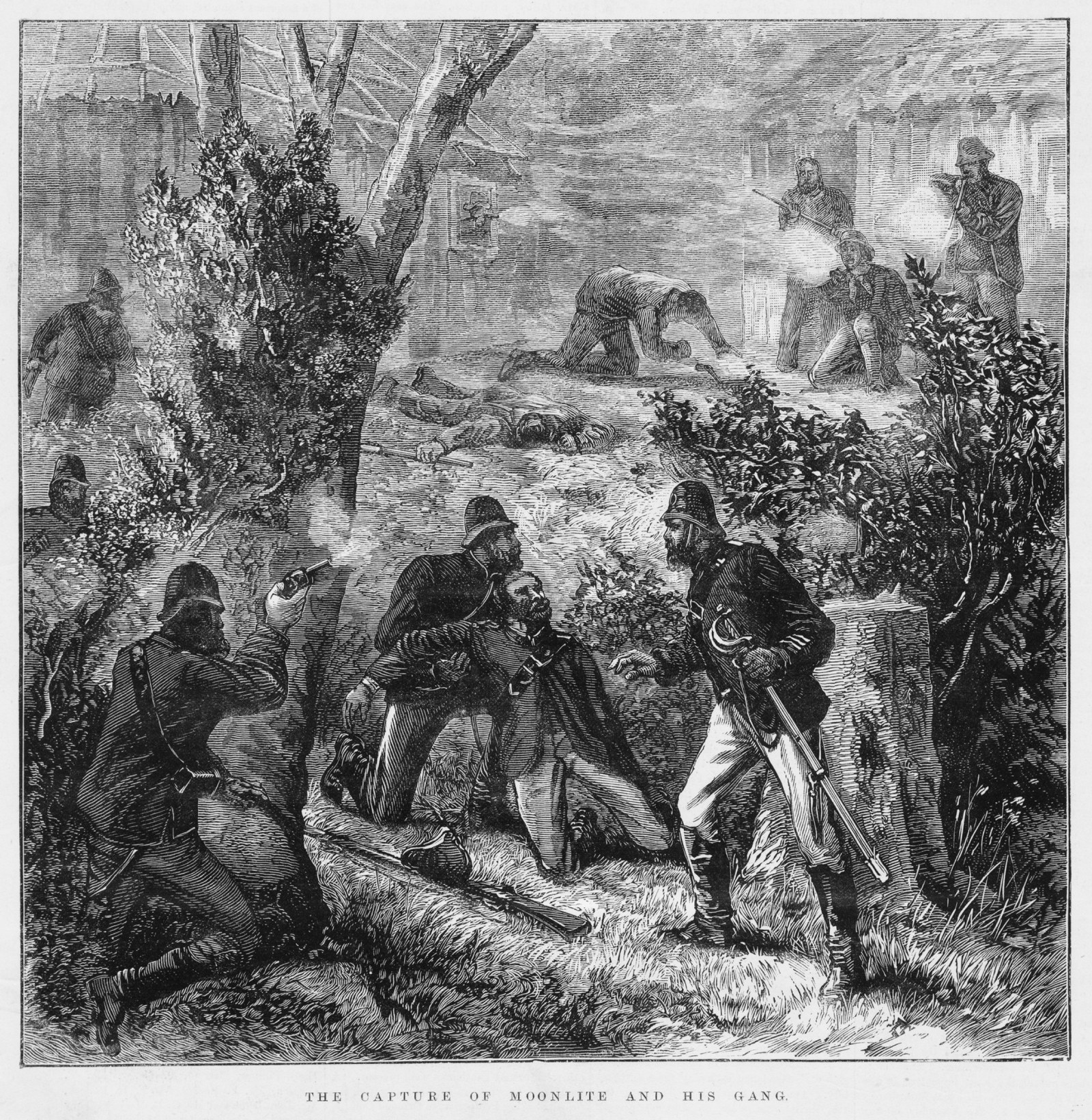 Black and white engraved illustration of shootout between bushrangers and police.