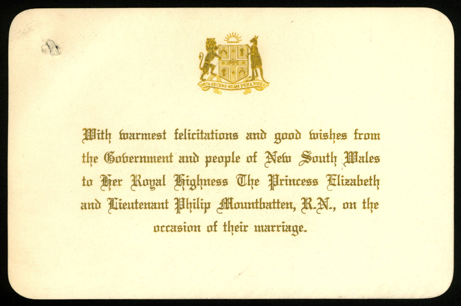 Felicitations and good wishes from the Government and people of NSW