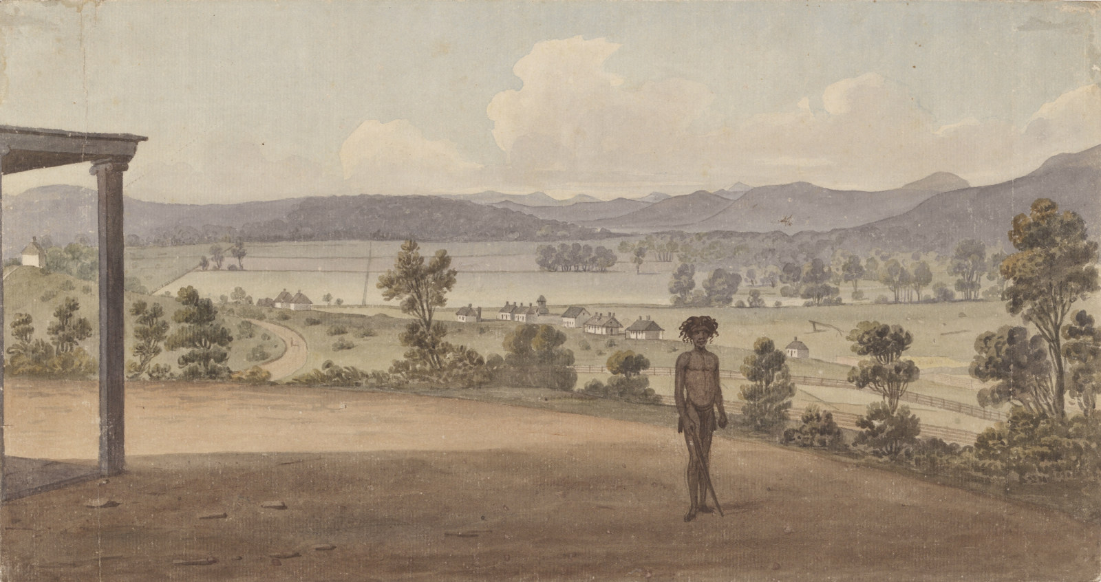 Illustration of landscape scene with Aboriginal person in foreground.
