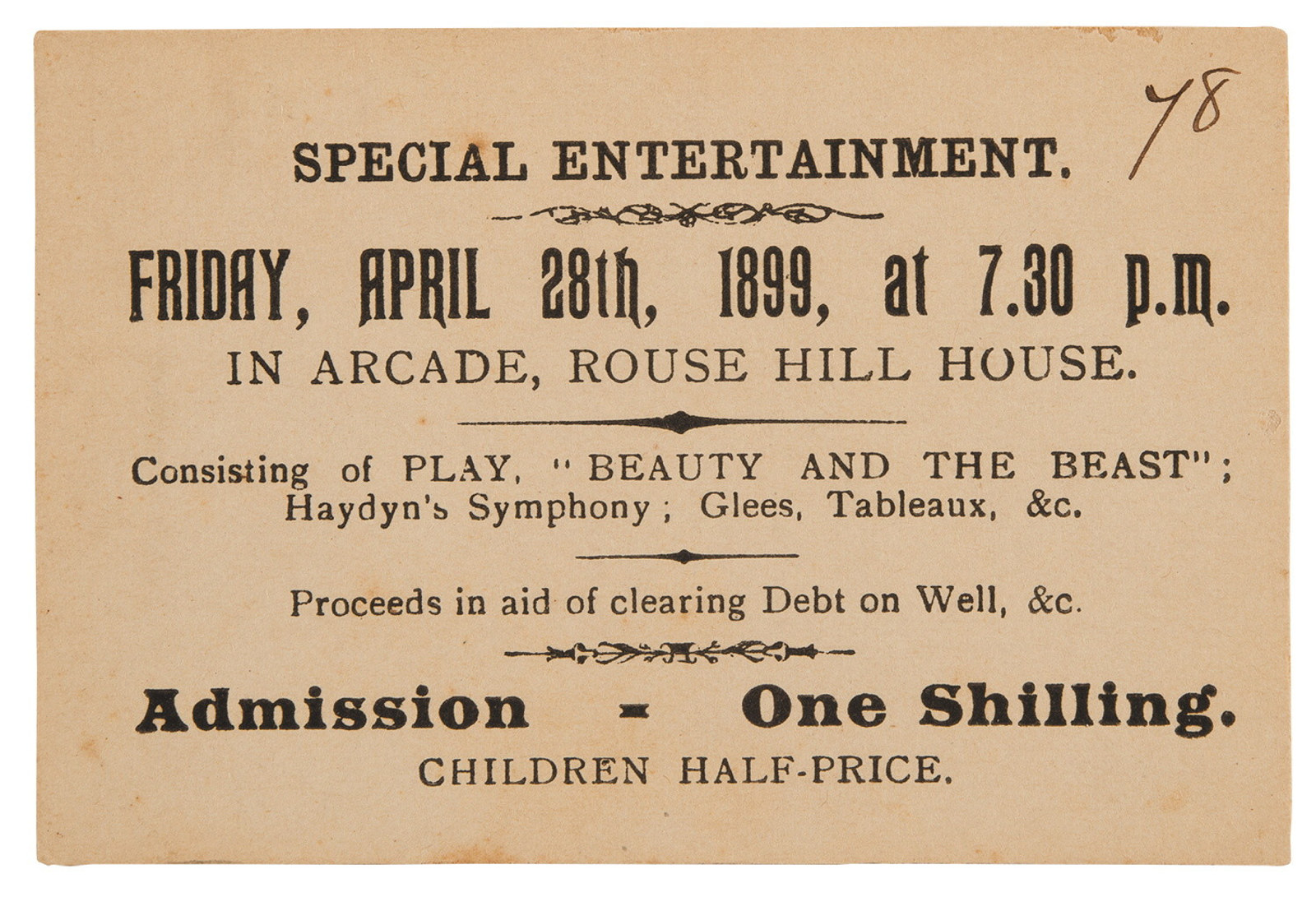 Paper ticket entitled 'Special Entertainment', an invitation to Rouse Hill House & Farm