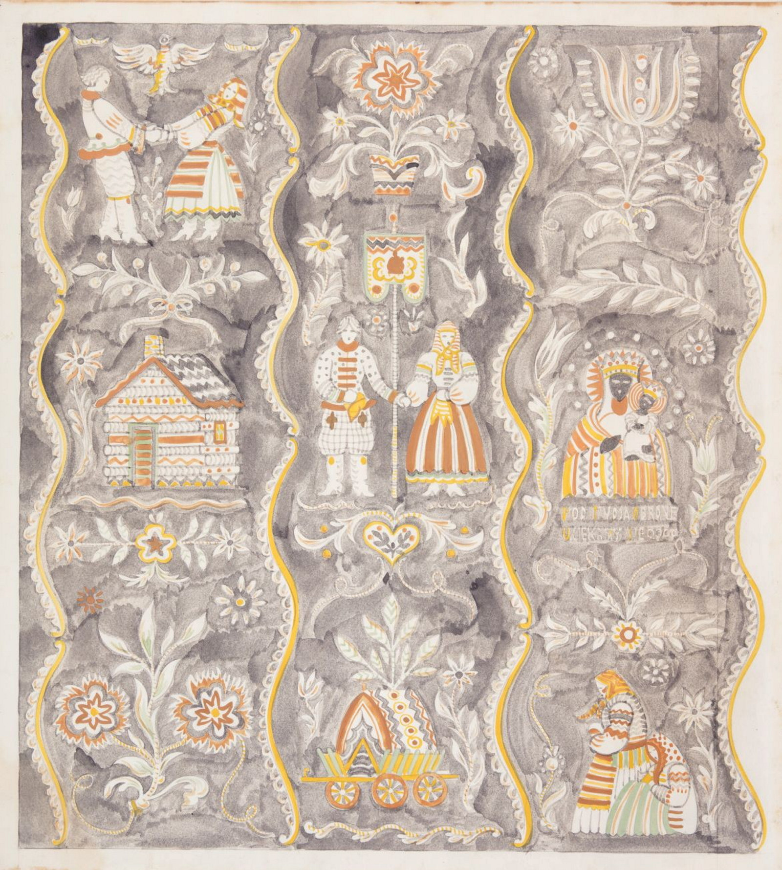 Original watercolour and pencil design for a textile, 'Poland'