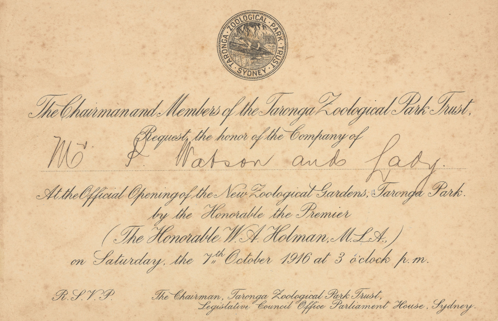 Invitation to the official opening of Taronga Zoo, 1916.
