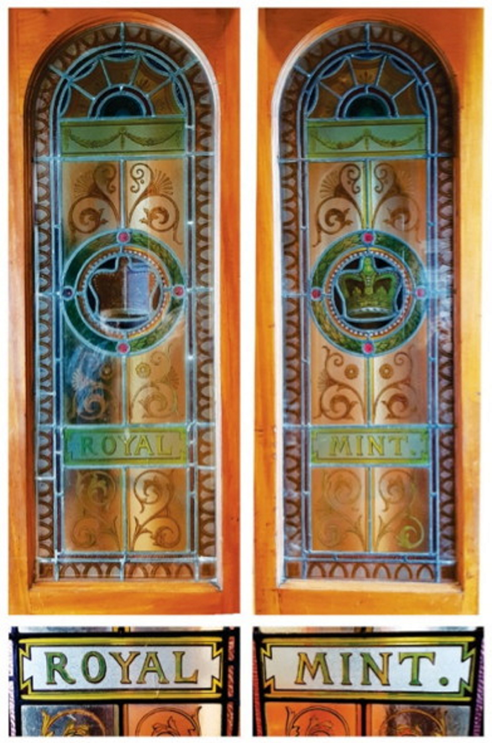 The colourful stained glass entry doors at The Mint, featuring a crown in the centre with the words 'Royal Mint'