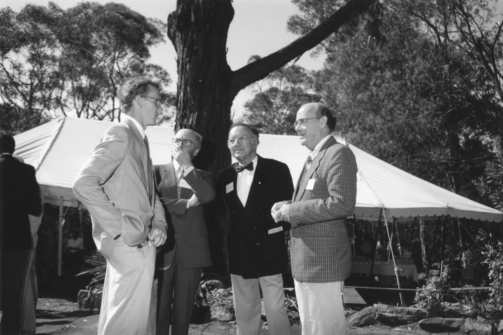 Black and white photograph of four men standing in front of tree in garden.