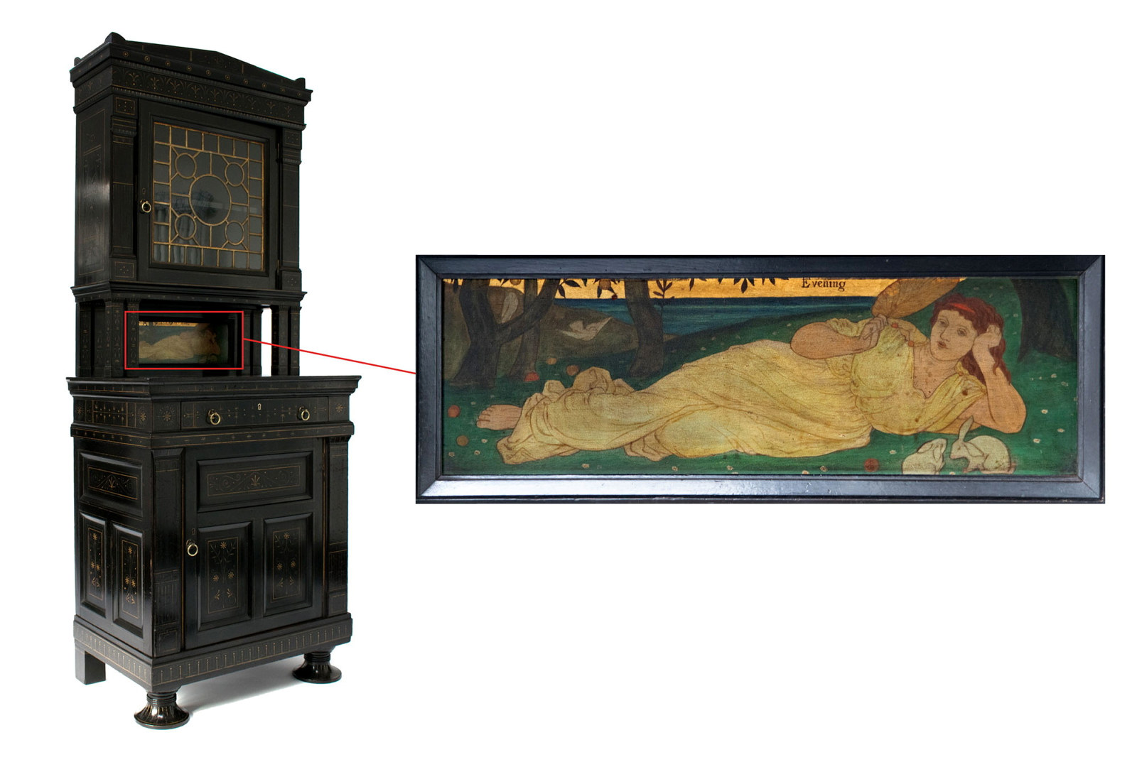 Cabinet with painted timber panel of a reclining woman.
