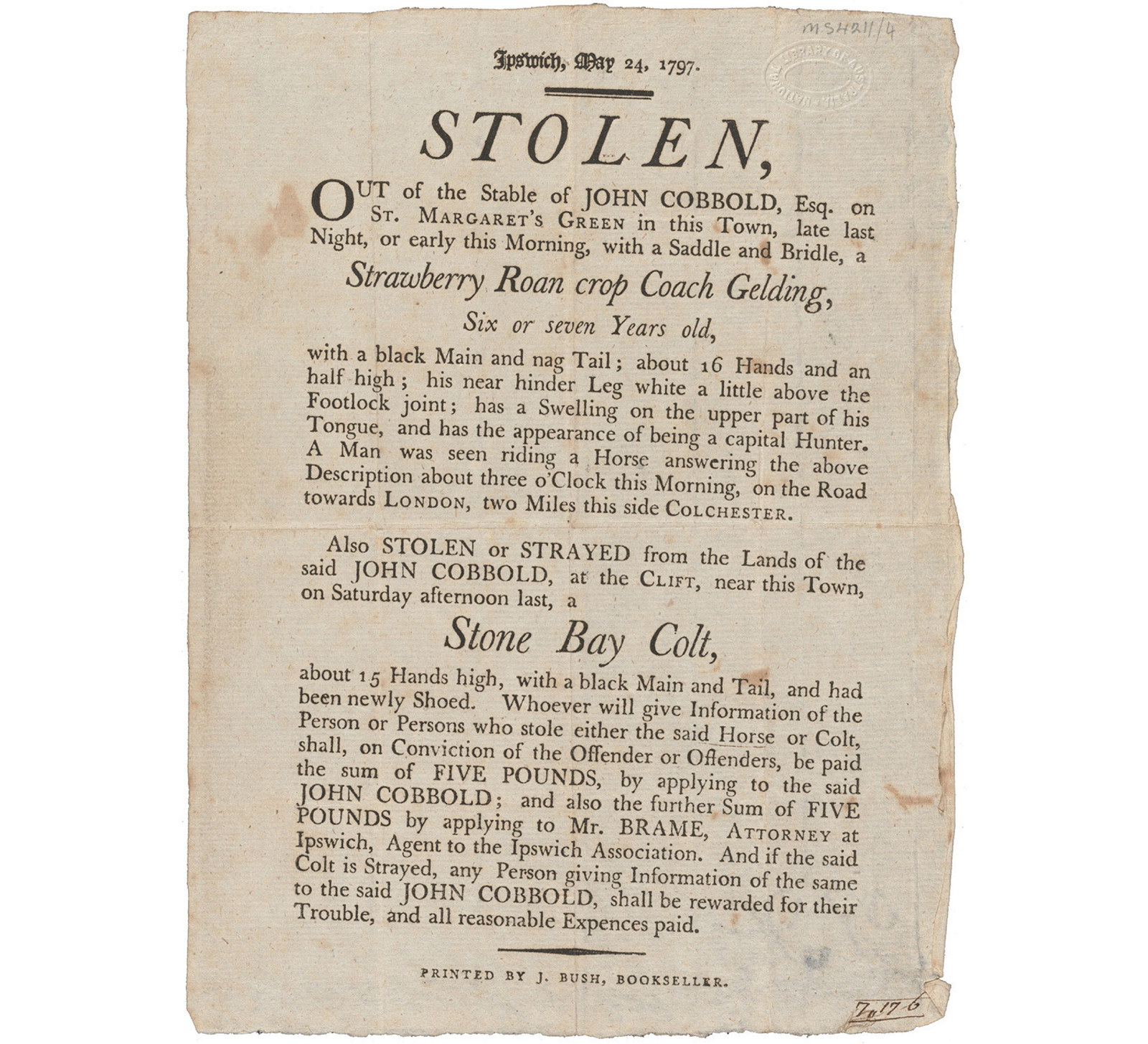 Broadsheet printed in Ipswich (Suffolk) 24 May 1797 describing horse stolen by Margaret Catchpole