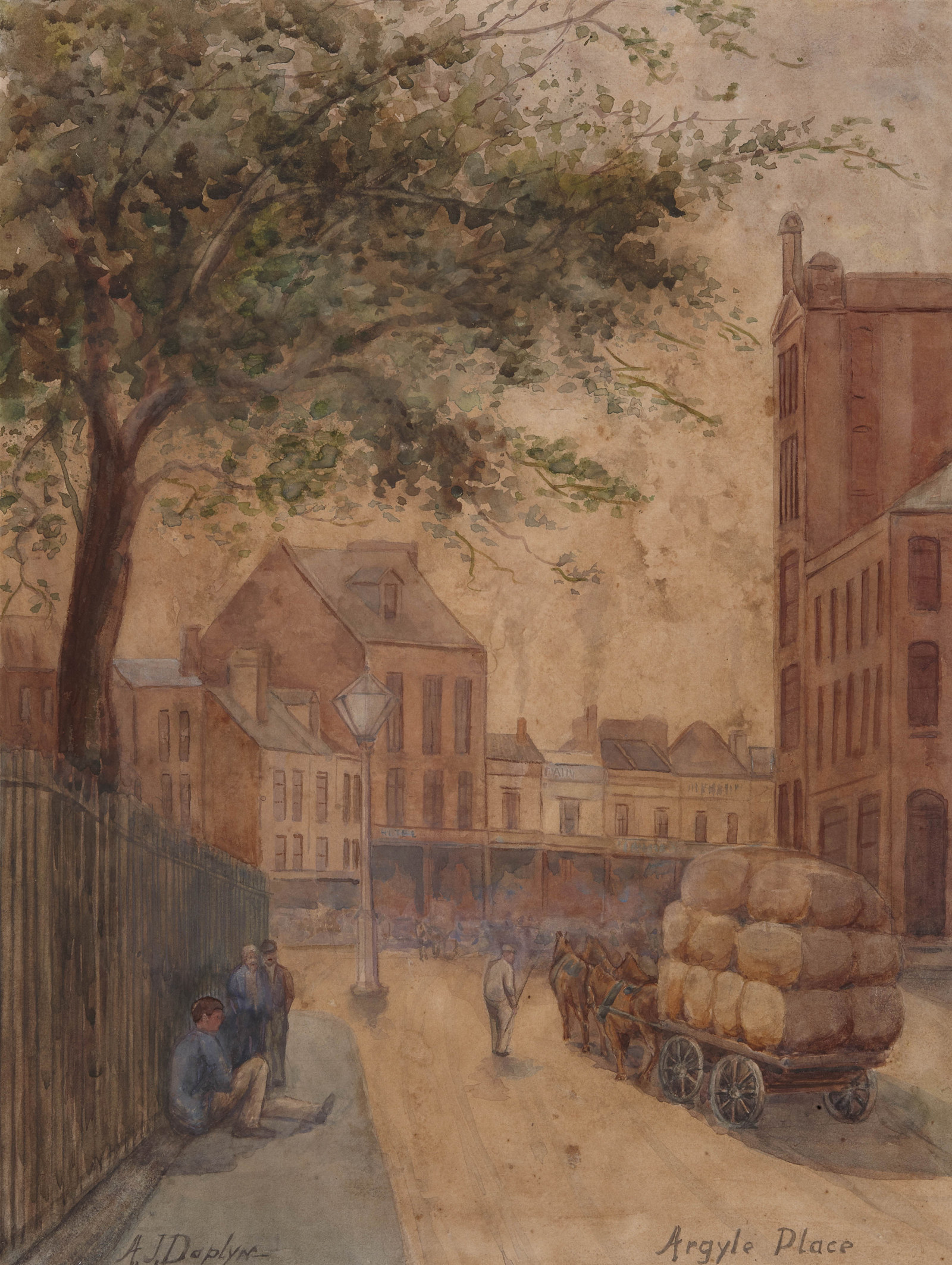Painting showing a street with a wagon loaded with bails. In the foreground men sit up against a timber paling fence.