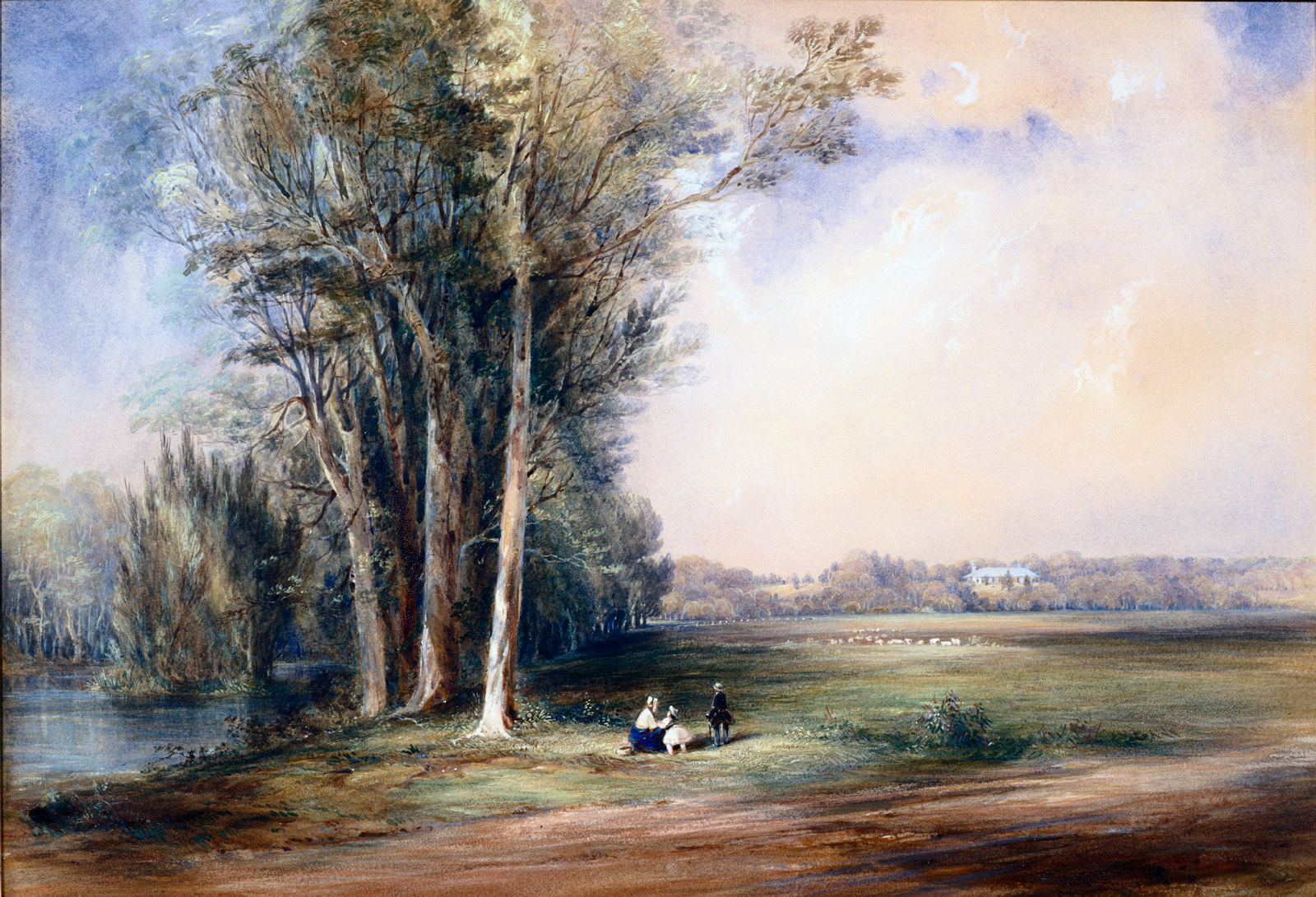 Landscape with tall trees to one side and open area to other with figures in middle ground.