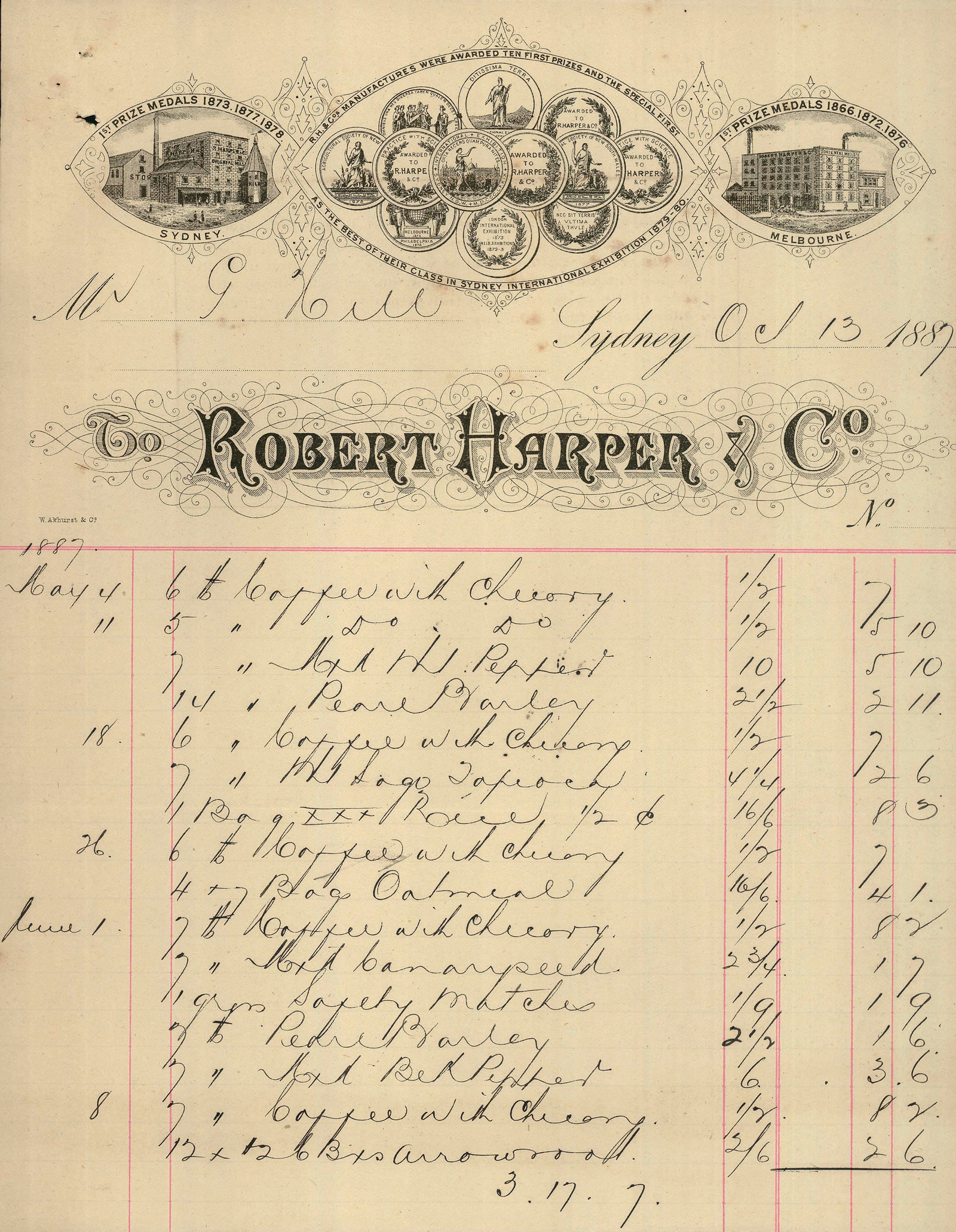  Goods supplied by Robert Harper and Co to grocer George Hill