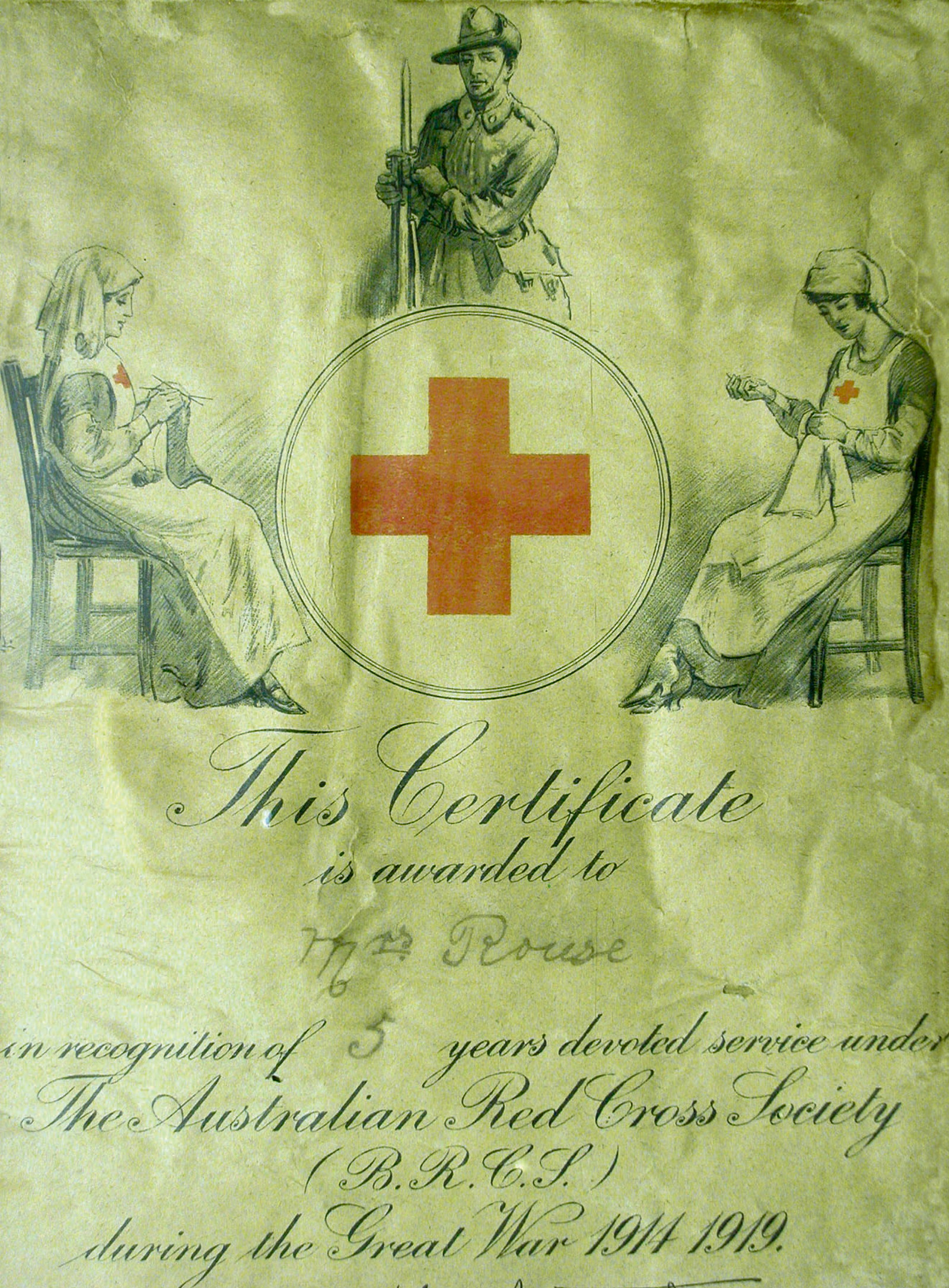 Red Cross certificate awarded to Bessie Rouse