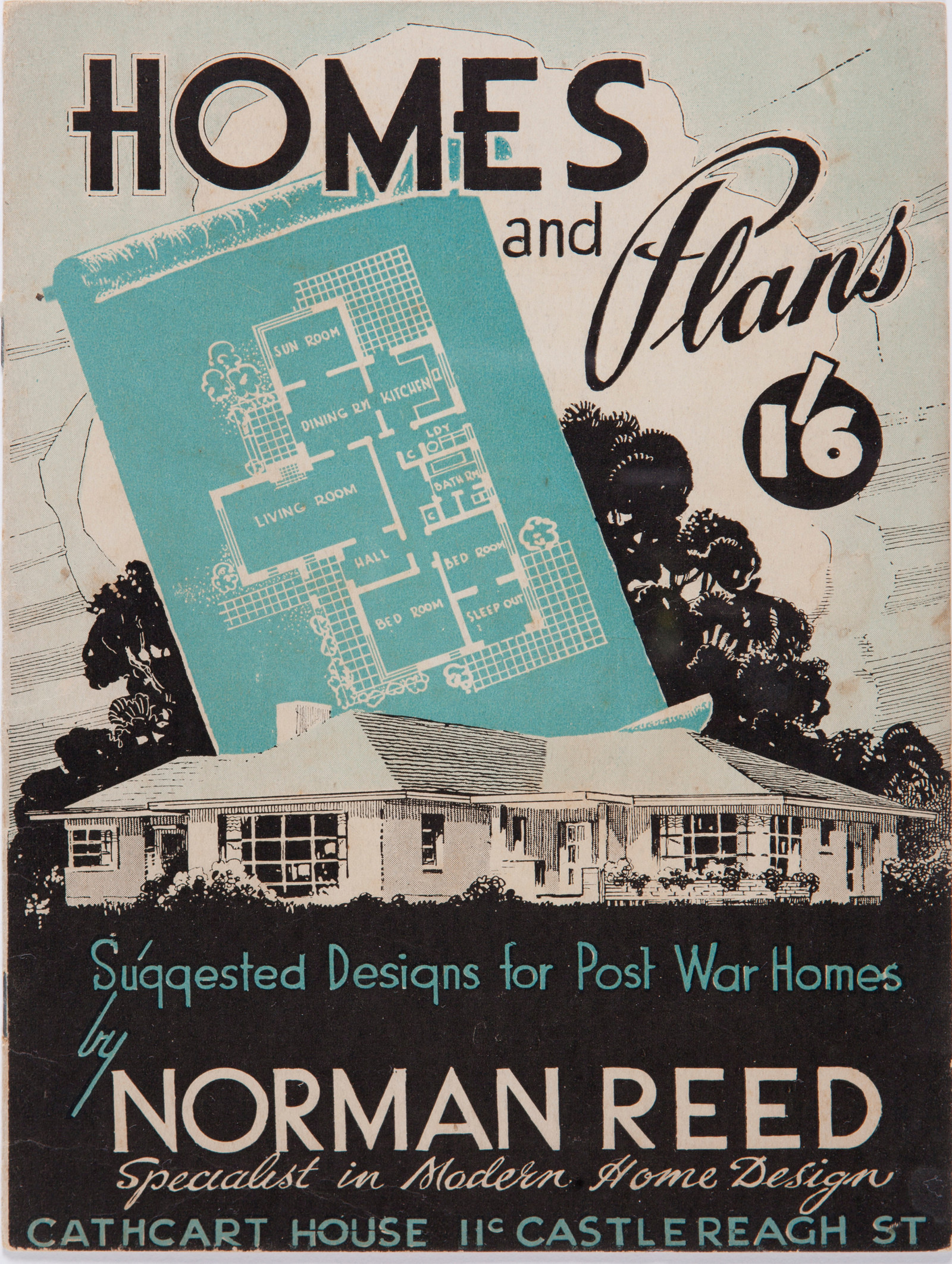 Cover of book, with drawing of house in white on black plus a white on green house plan superimposed.