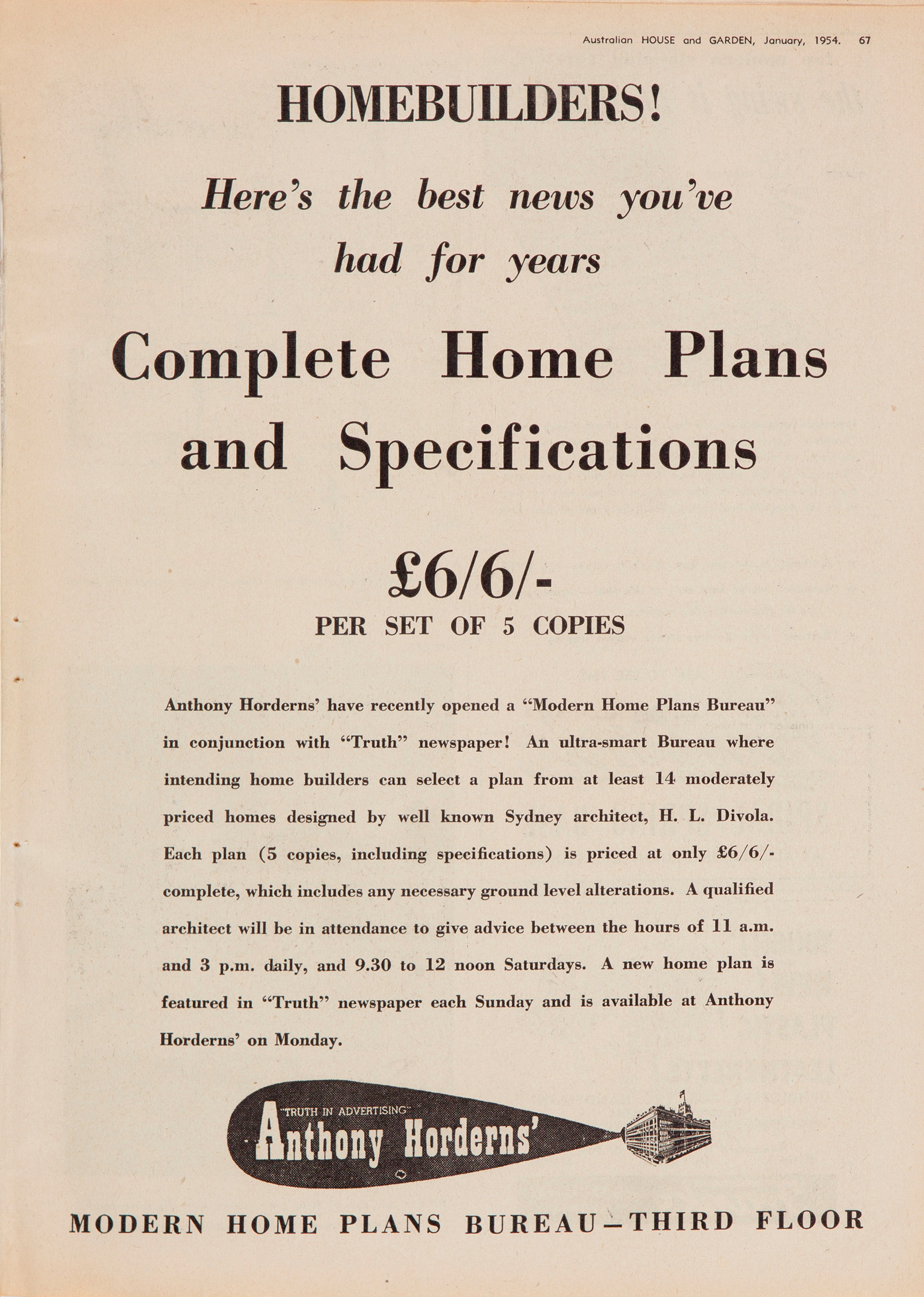 Page from catalogue. Headline: "Home builders! Here's the best news you've had for years."