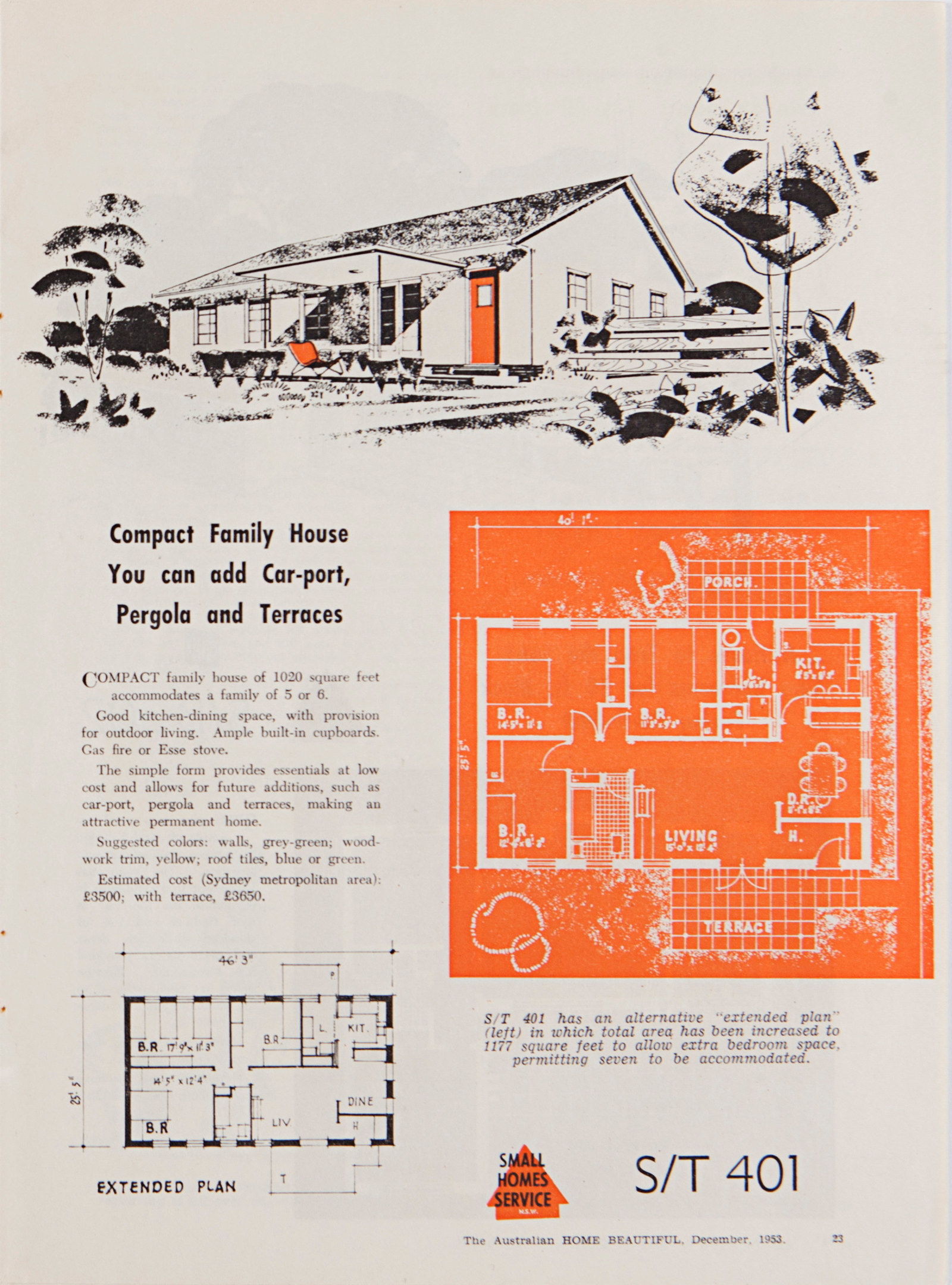 House plan on orange background with description and illustration.
