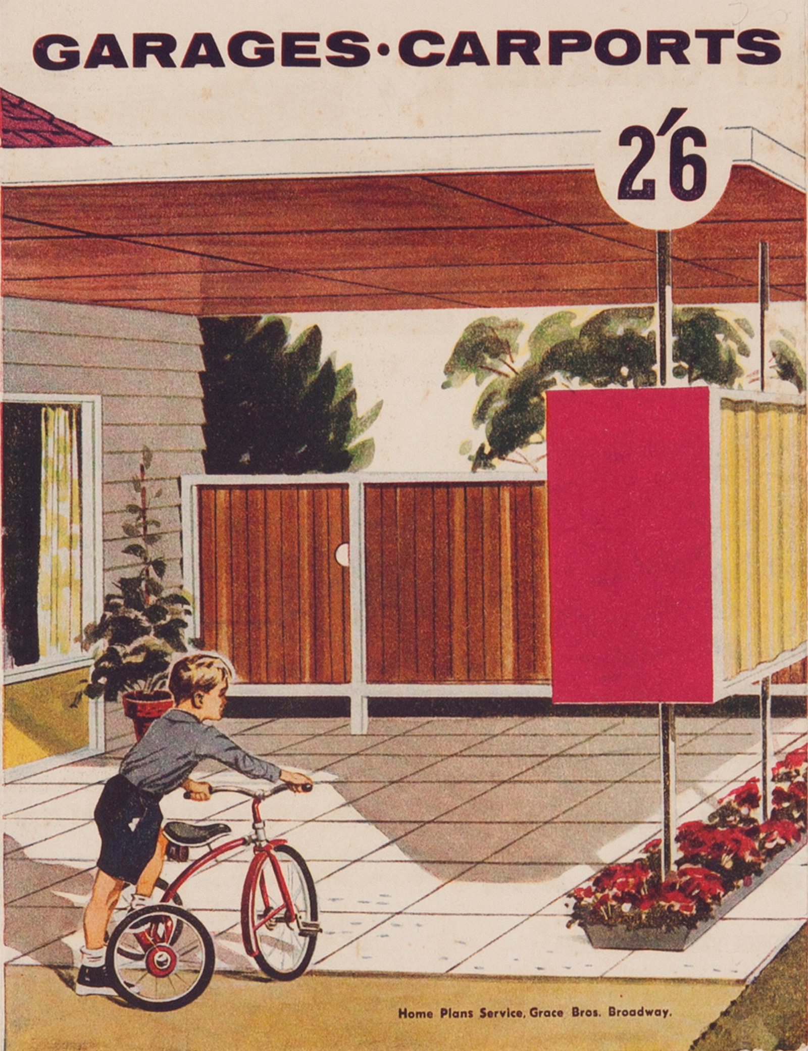 Colour illustration on cover of brochure. Boy with bicycle in driveway of house.