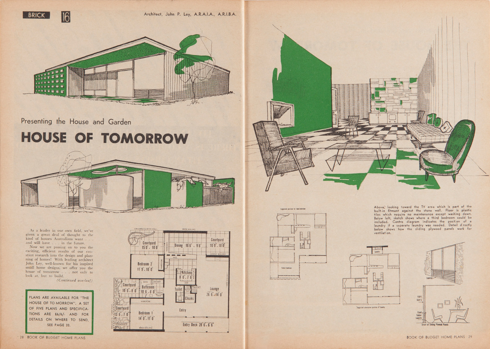 Two page spread with 3 black and white home illustrations with green highlights and a set of home plans.