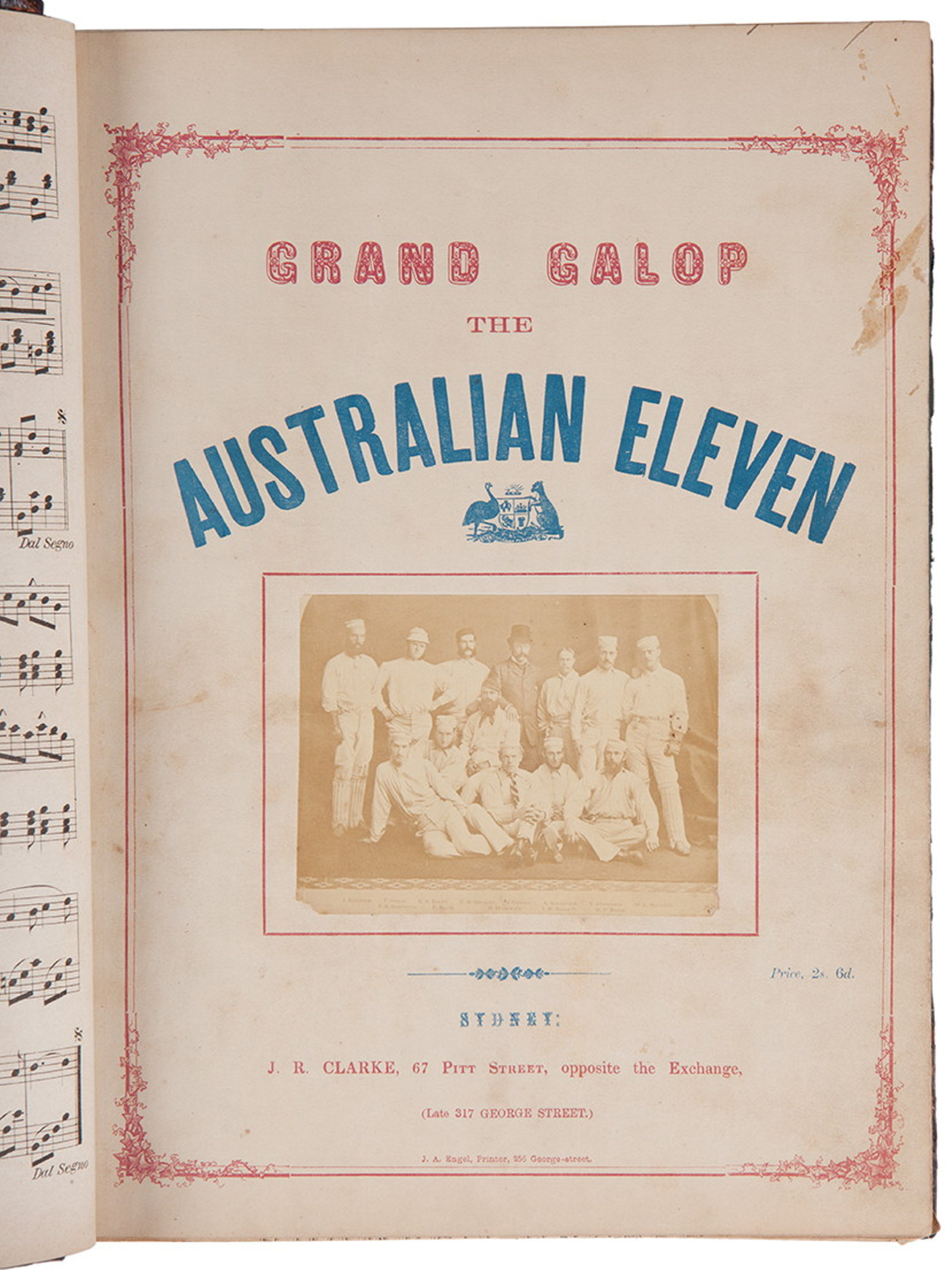Cover of music book with title printed in red and blue above a photo of a cricket team.