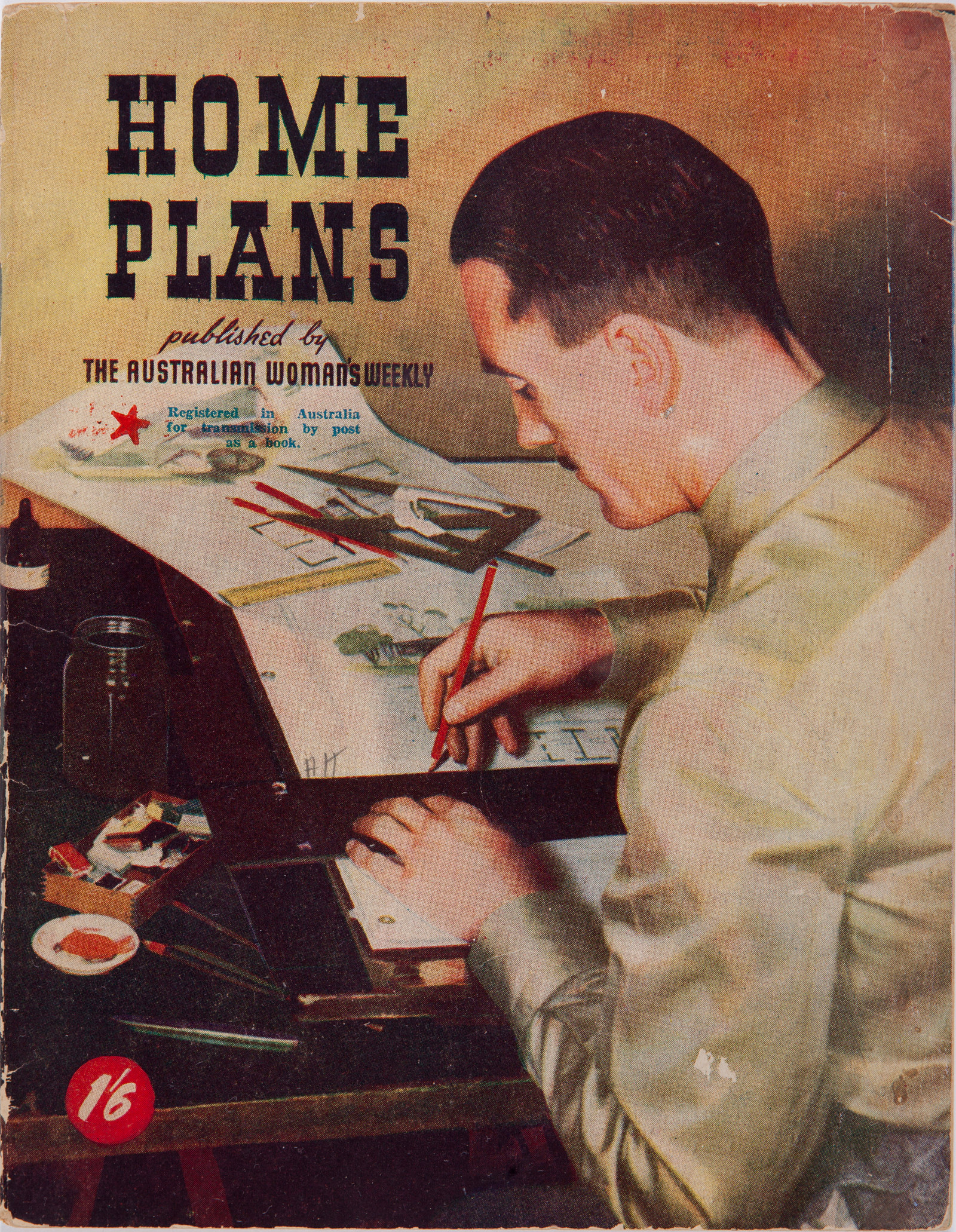 Cover of book, with title Home Plans. Illustration of man sitting at desk drawing plans.