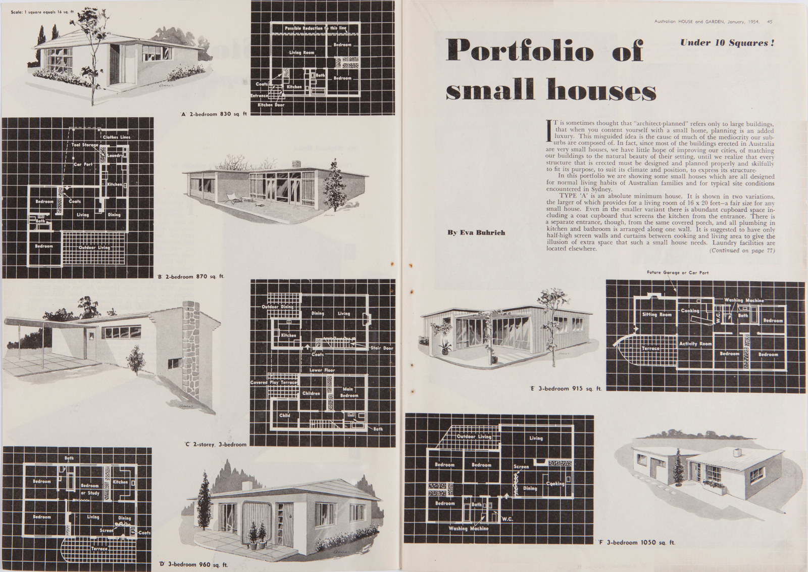Two page spread with six black and white drawings of houses accompanied by white on black plans.