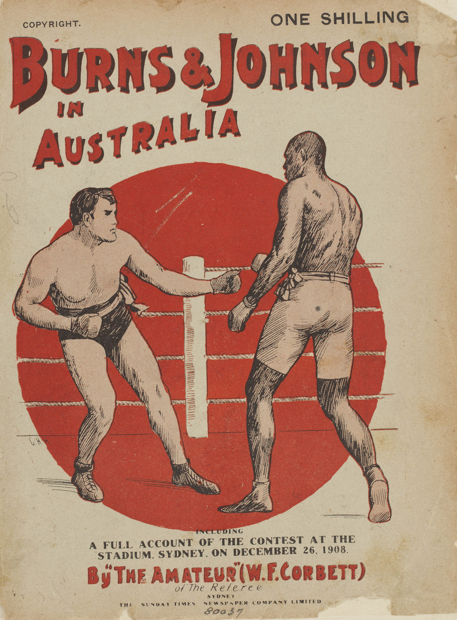 Inside cover of book with title and drawing of Burns and Johnson during their famous boxing match