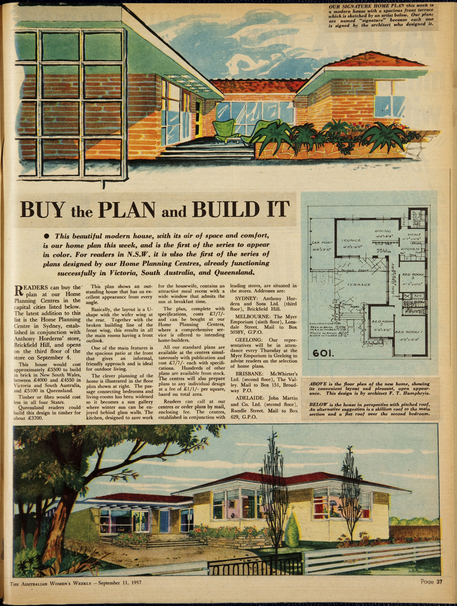 Page from booklet with two colour house illustrations and a floor plan on a blue background.