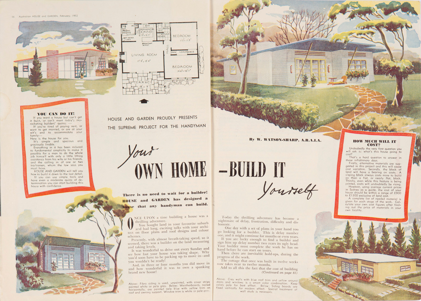 Two page spread with four colour illustrations and a home plan.