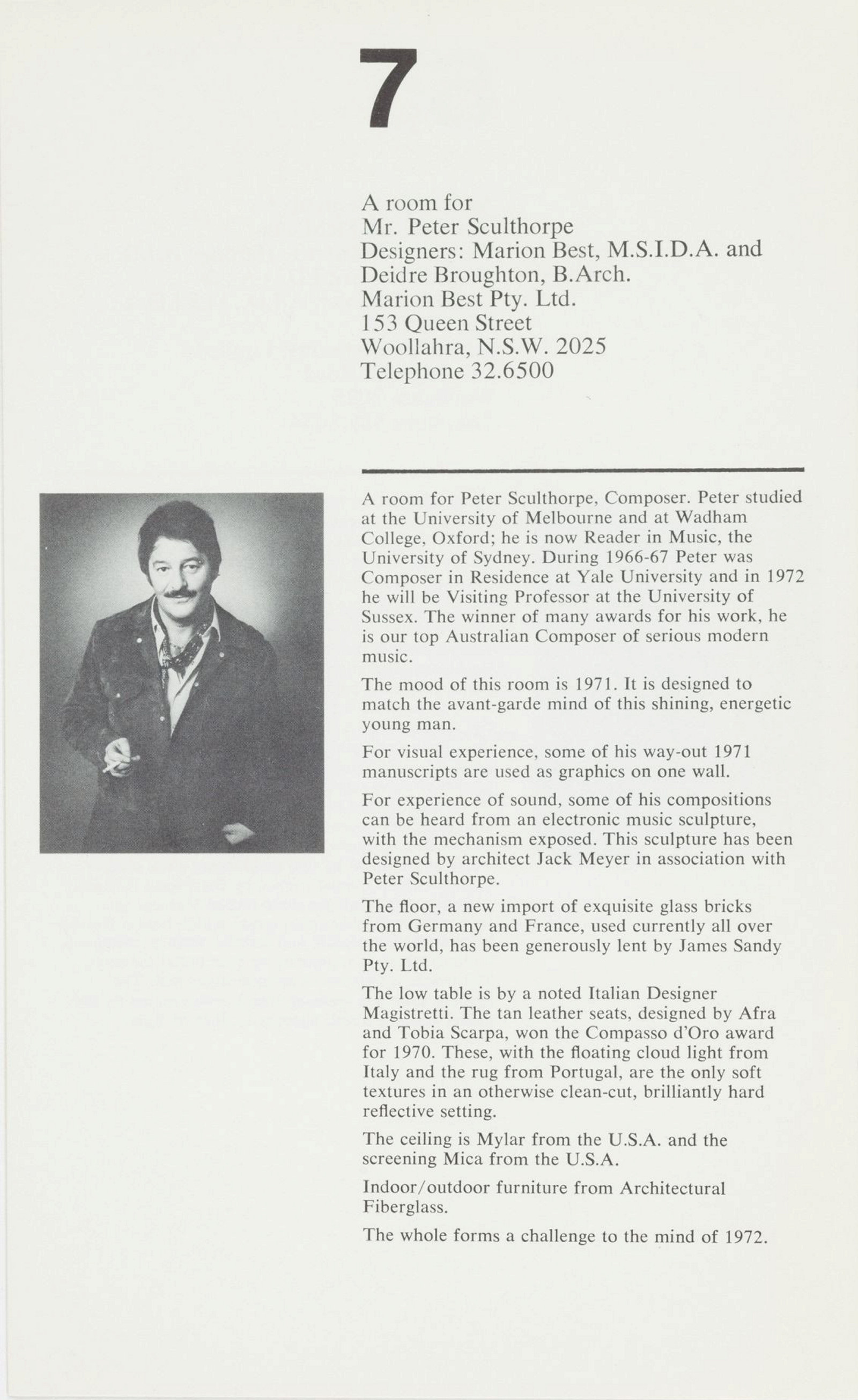'A room  for Mr Peter Sculthorpe' from 'Rooms on view 1971', catalogue of an exhibition held to celebrate the Twentieth anniversary of the Society of Interior Designers of Australia
