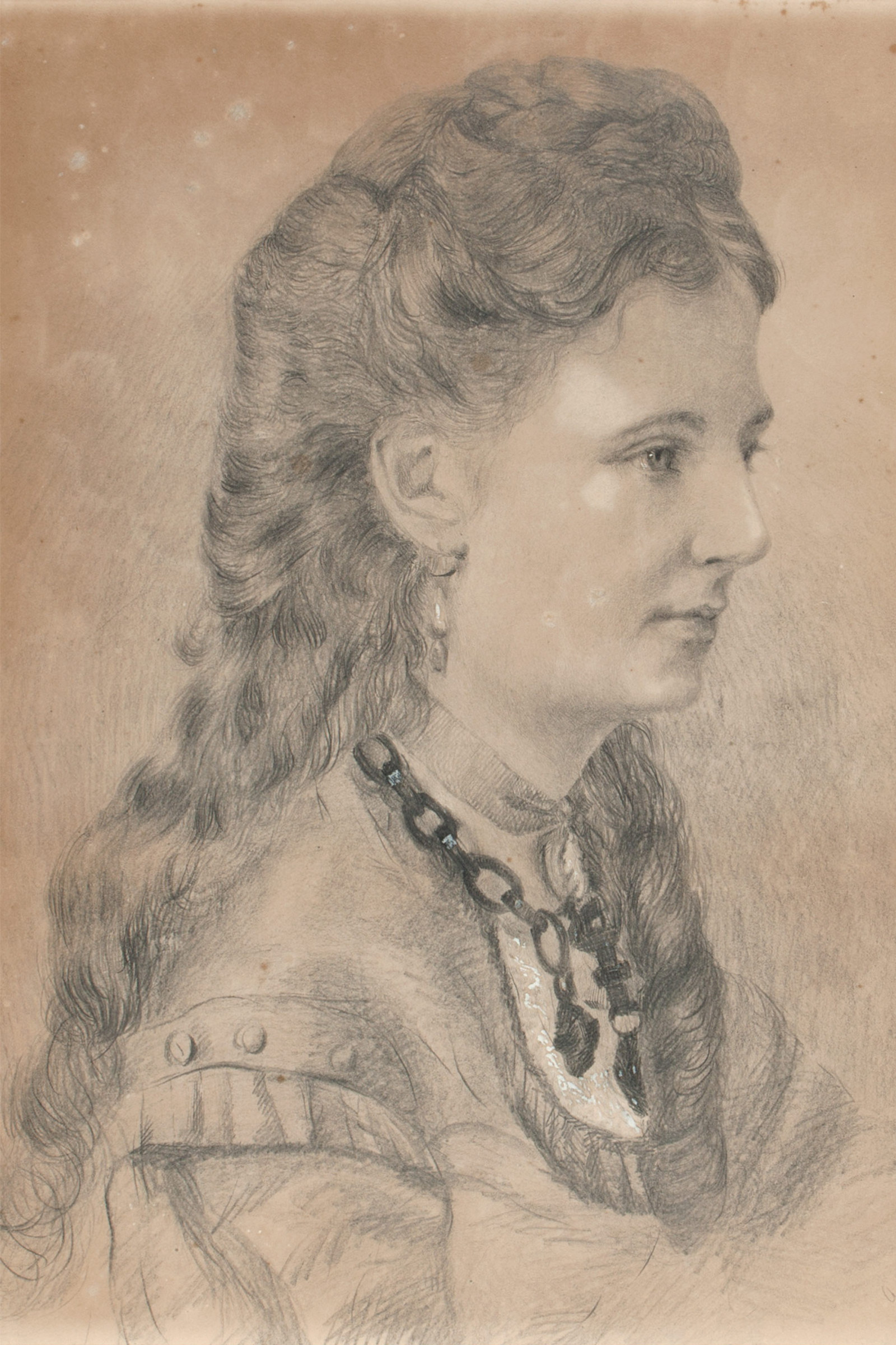 HR84/8-1:2. 1872. A large framed (-2) pencil portrait (-1) of Bessie Buchanan wearing a heavy ornate necklace (HR93/203).