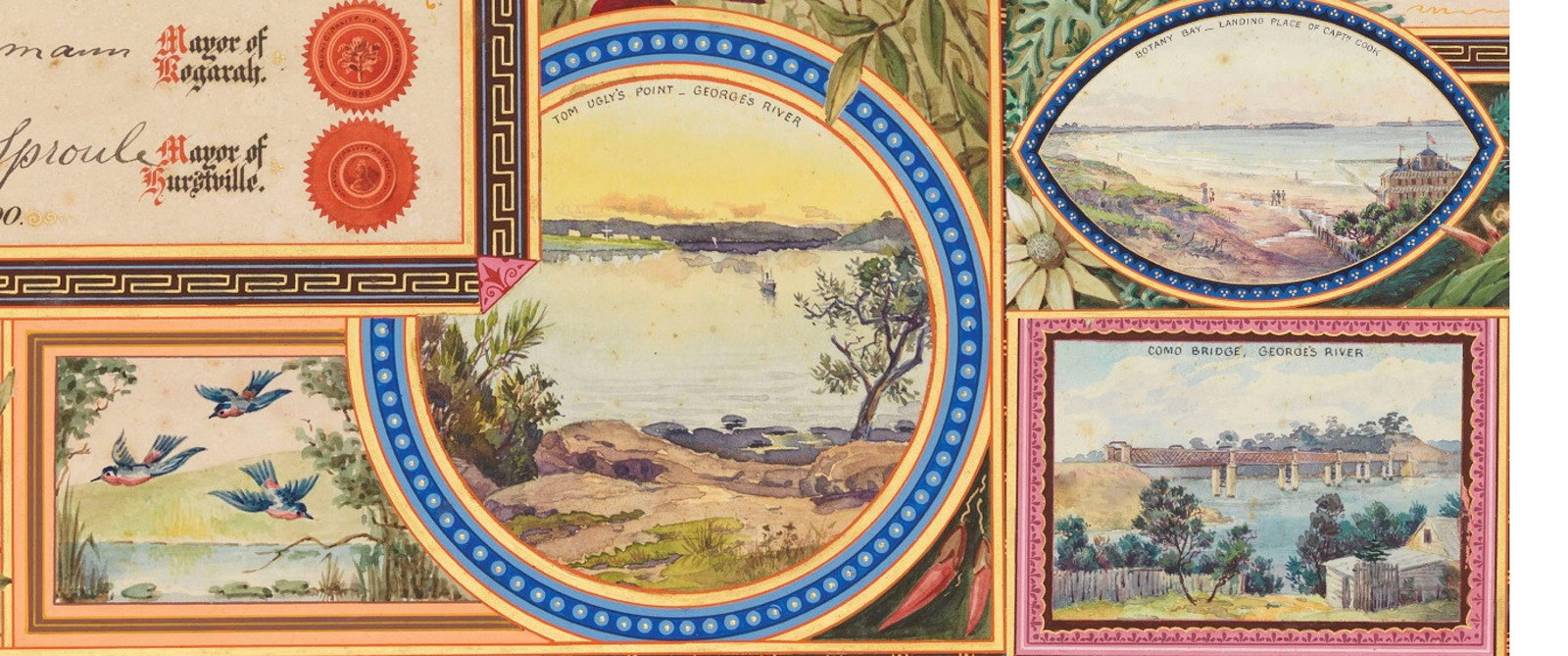 Paintings from the Lord Carrington Address showing landscape and local fauna vignettes