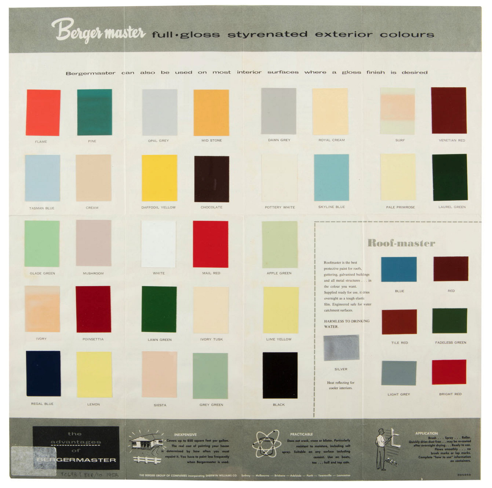 Colour chart for Bergermaster full gloss styrenated exterior paint, 1958