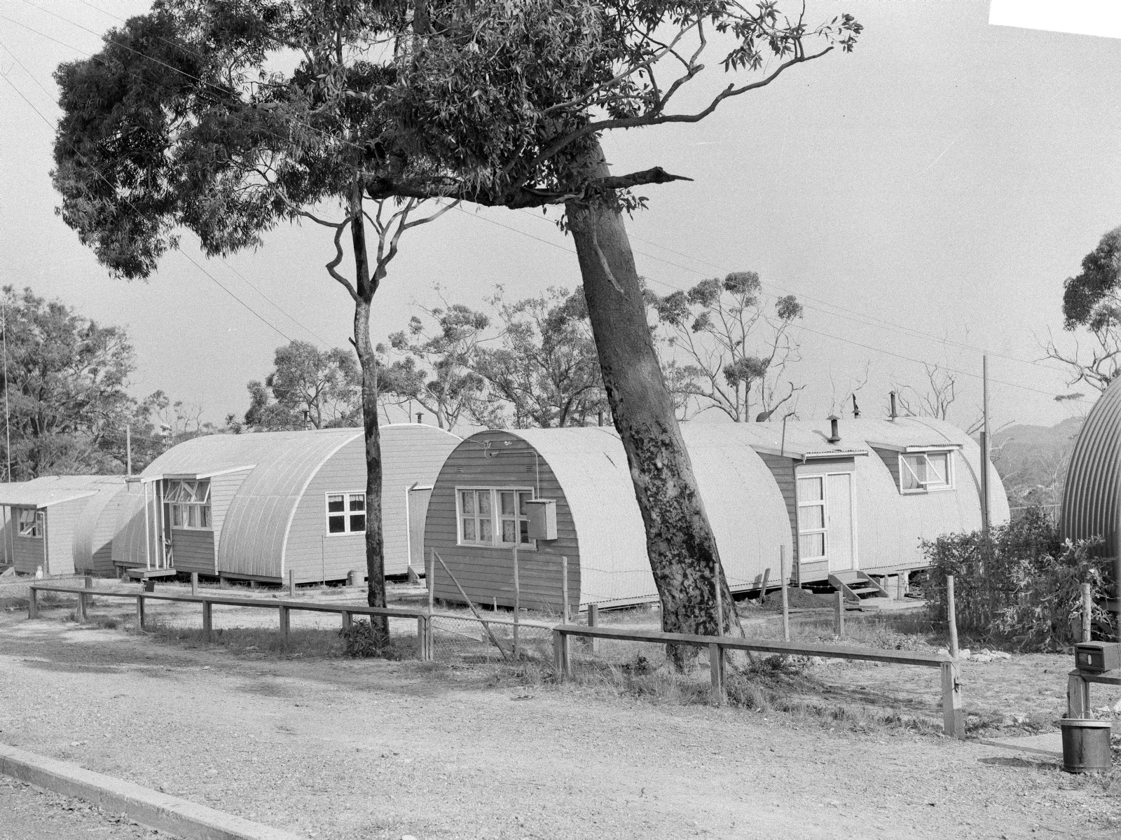 Hut type temporary homes at Belmont (Nissen huts)