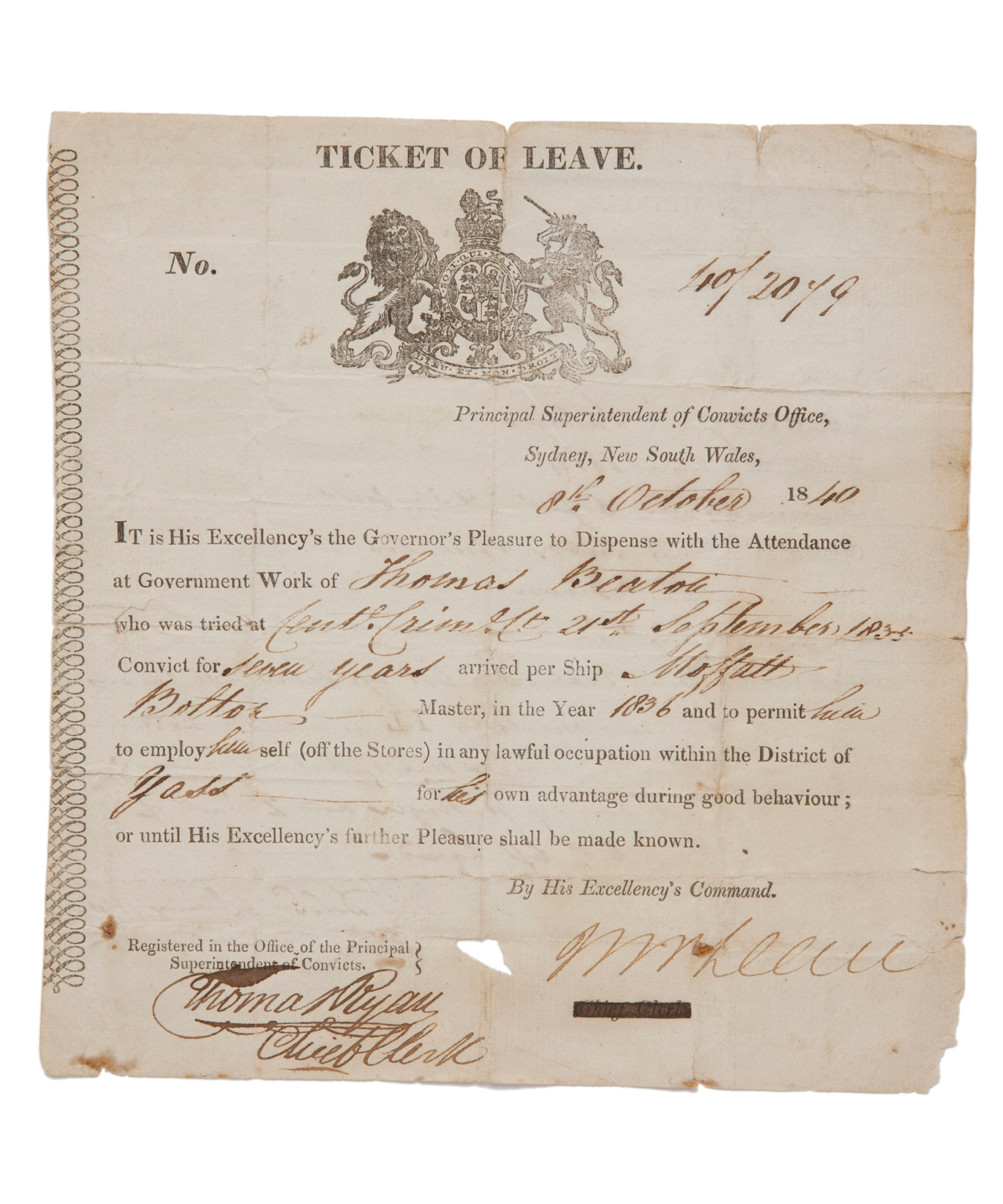 Ticket of Leave allowing convict Thomas Beaton to work in Yass, issued 8.10.1840