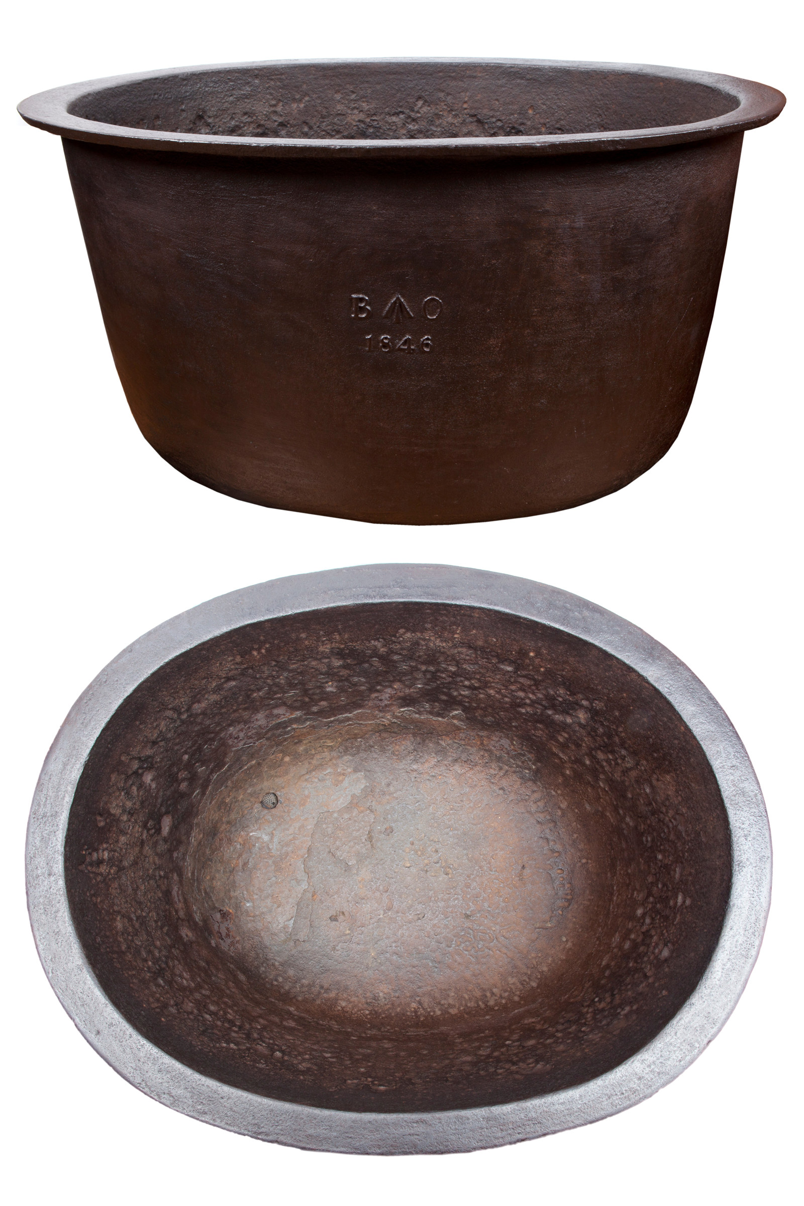 Composite image of a cauldron. One view from the front the other above.