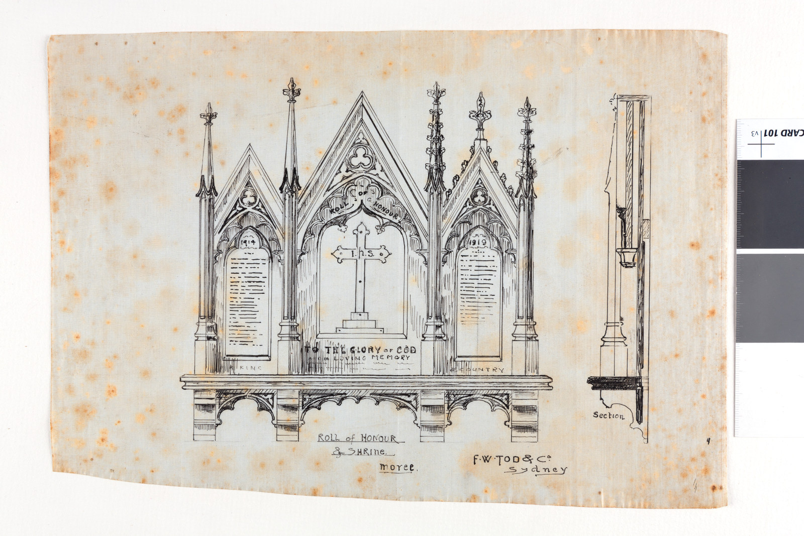 Archive of design drawings for ecclesiastical furniture : fonts, font covers, lecterns, honour rolls, chancel chairs, clergy seats, Glastonbury chairs, Presbyterian chairs, elders chairs, sanctuary or minister's chairs, clergy stalls, Bishop's stalls, memorial stalls, altar candlesticks / F. W. Tod & Co., designers & ecclesiastical craftsmen