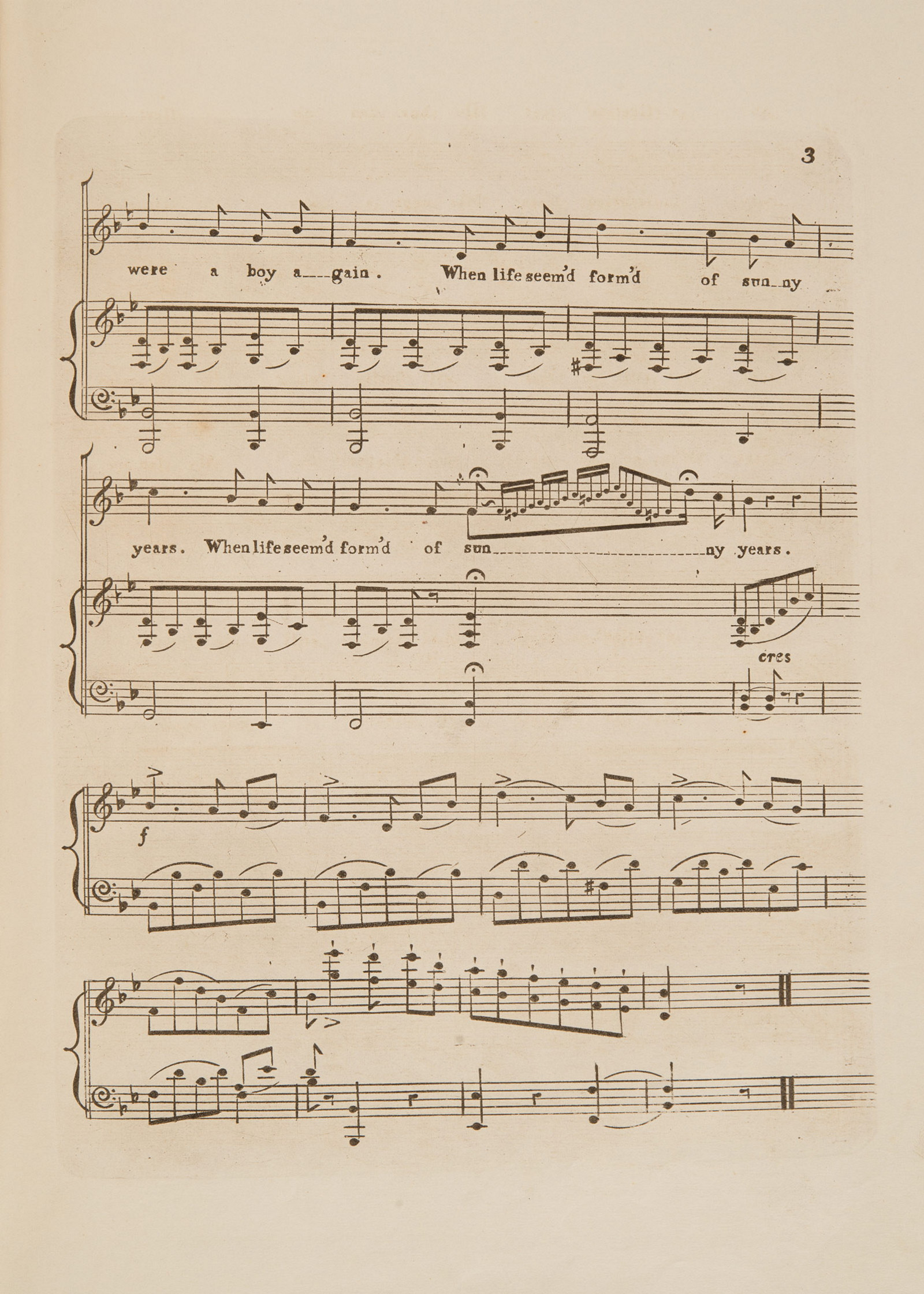 Sheet music, 'O, would I were a Boy again' by Frank Romer, page 3, published circa 1854