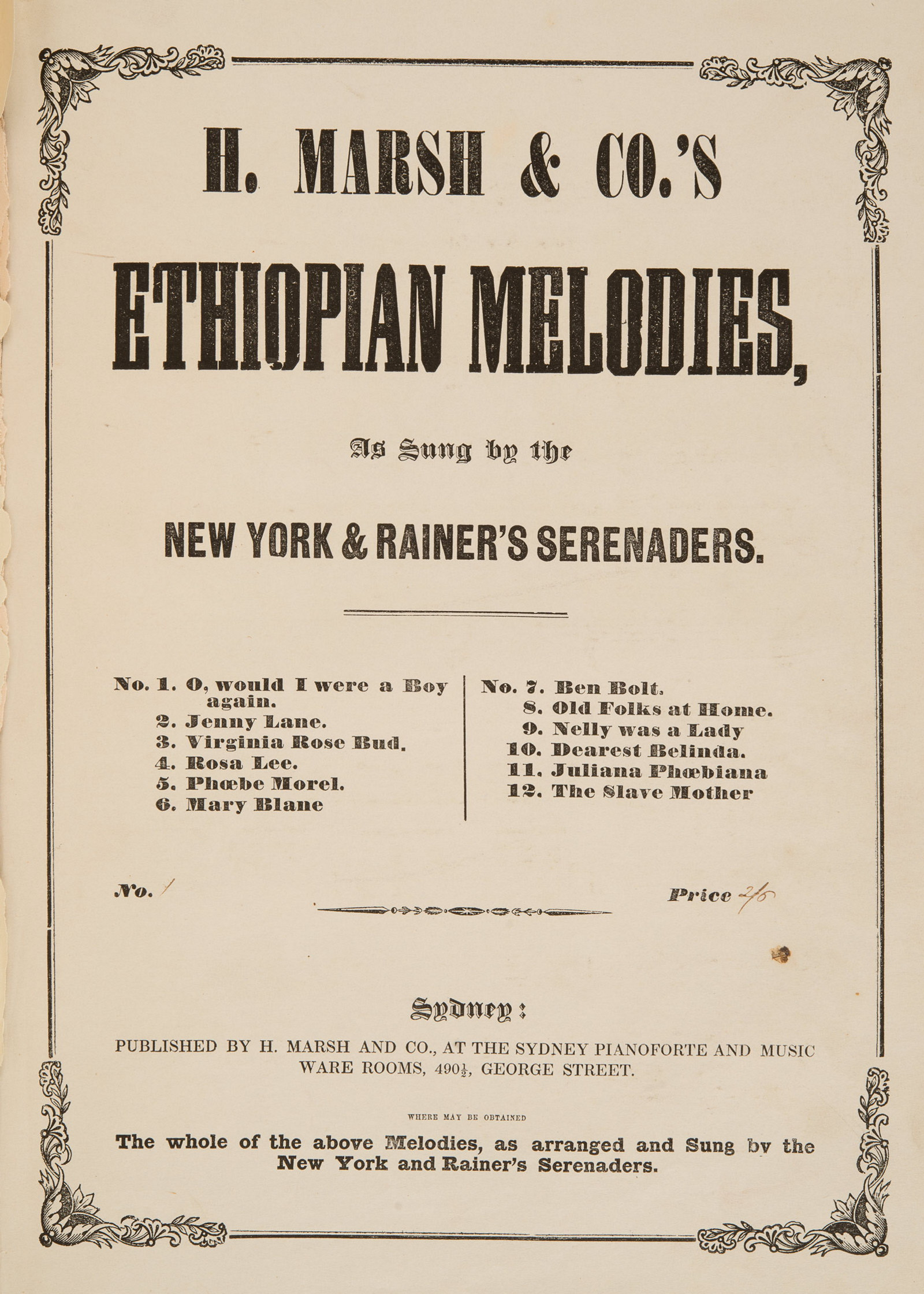 Sheet music, 'Ethiopian Melodies', published circa 1854