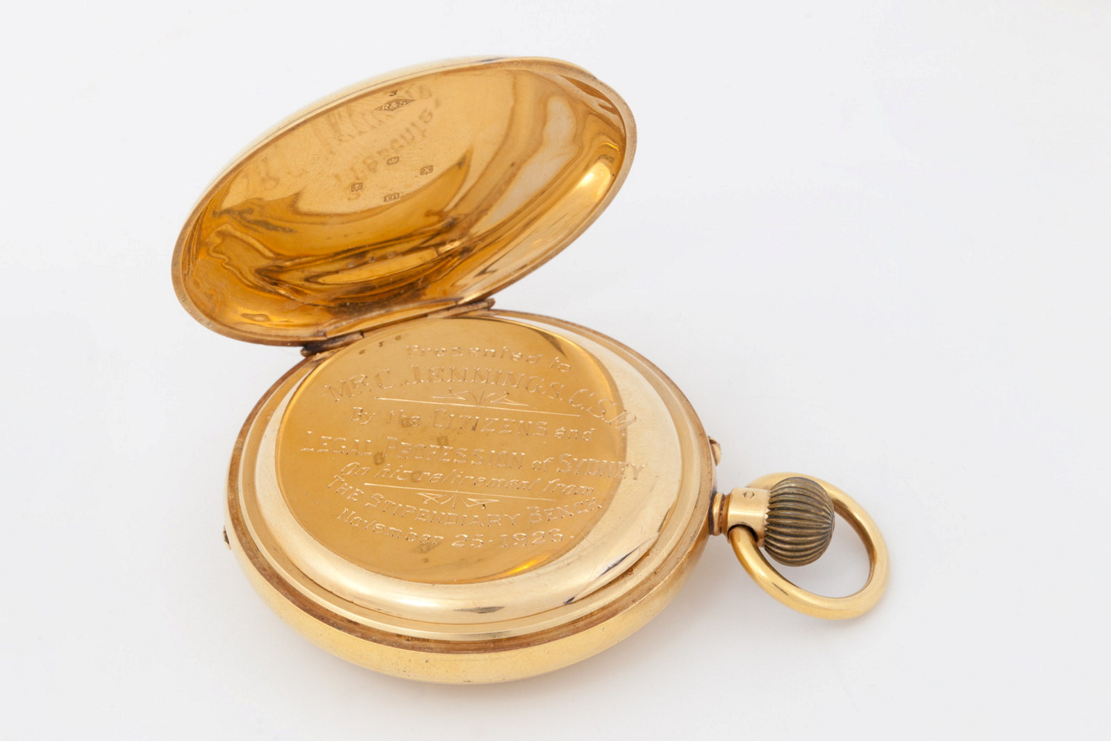 Gold pocket watch presented to magistrate Charles Jennings on his retirement, 26 November 1926