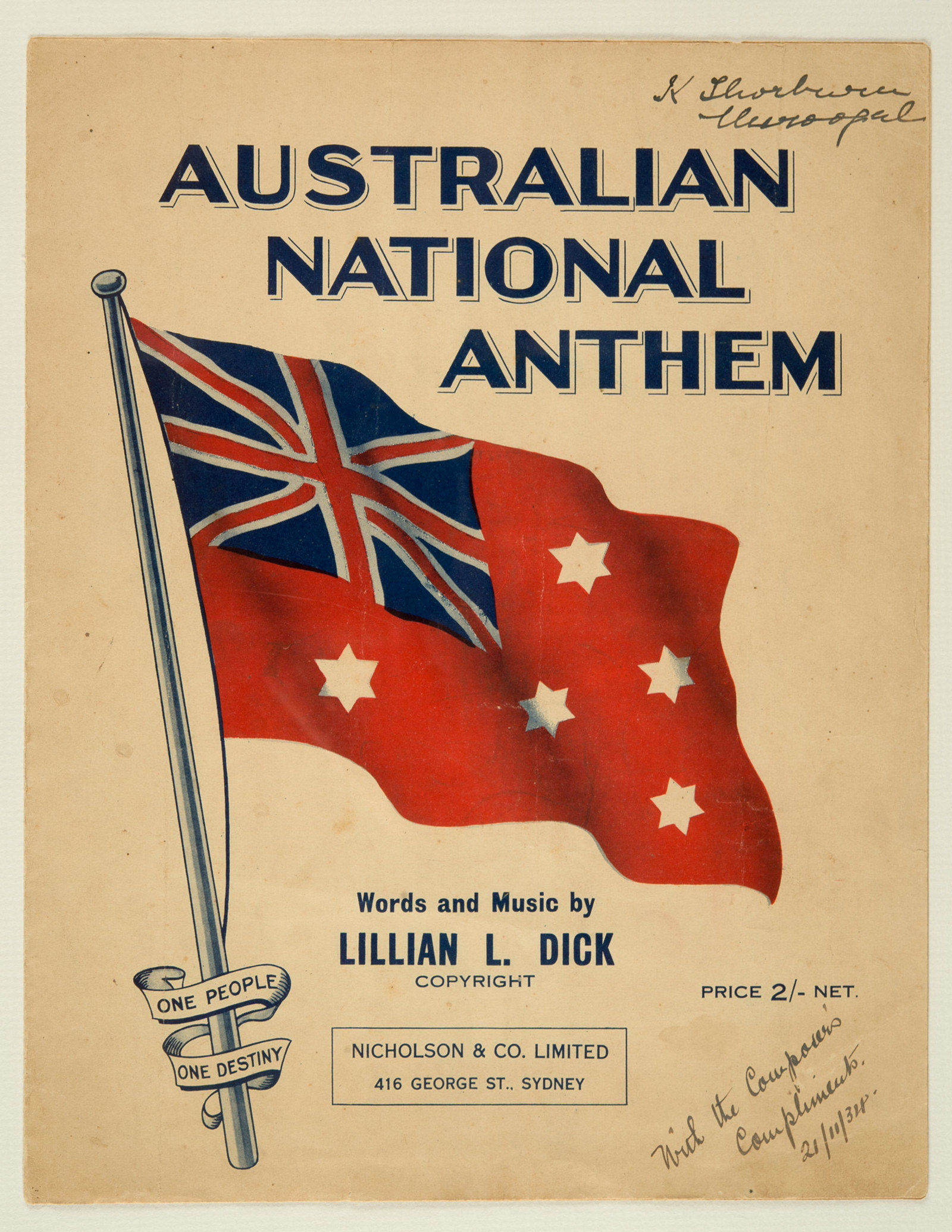 Front cover of sheet music,' Australian National Anthem', words and music by Lillian L. Dick, published 1934