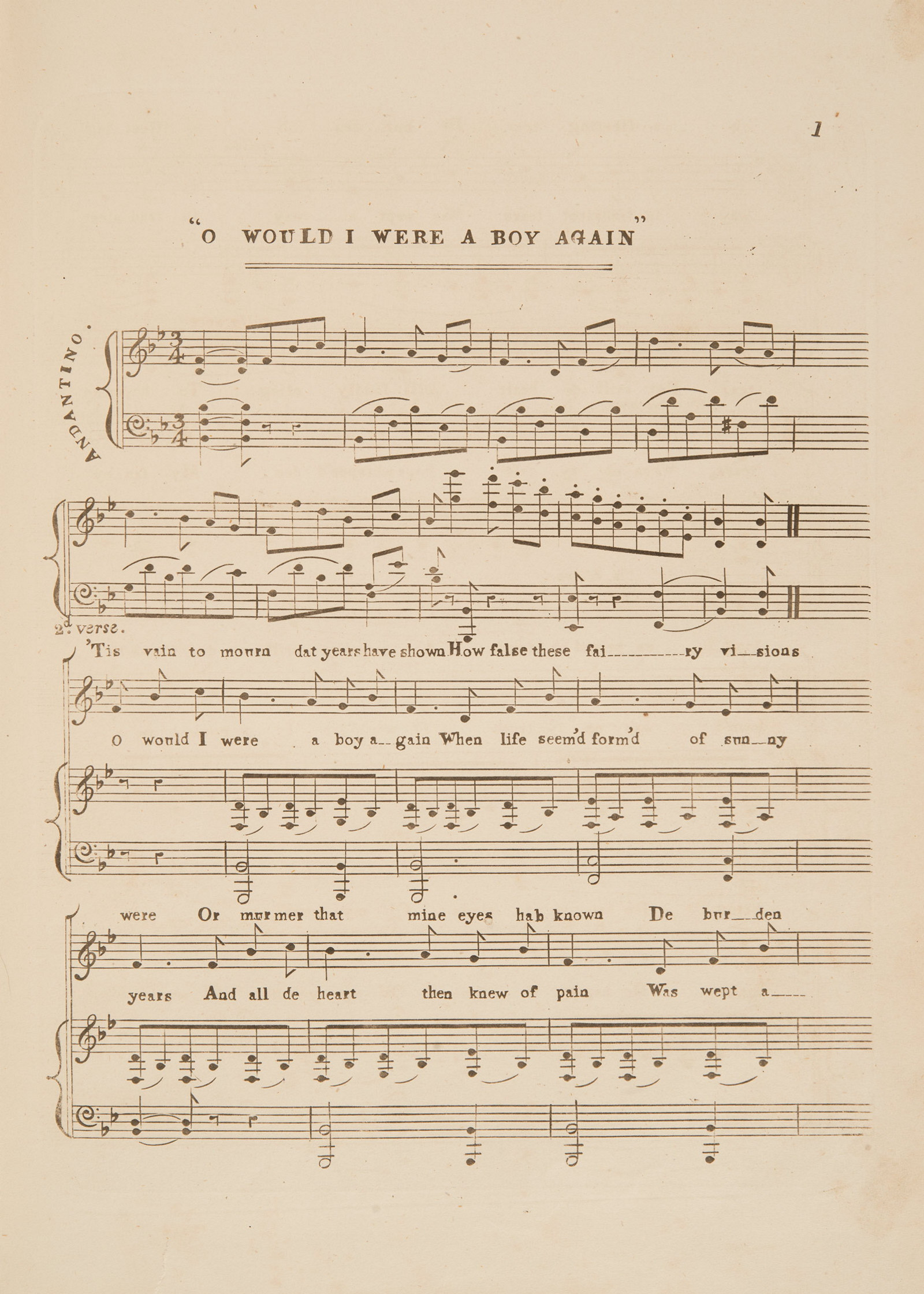Sheet music, 'O, would I were a Boy again' by Frank Romer, page 1, published circa 1854
