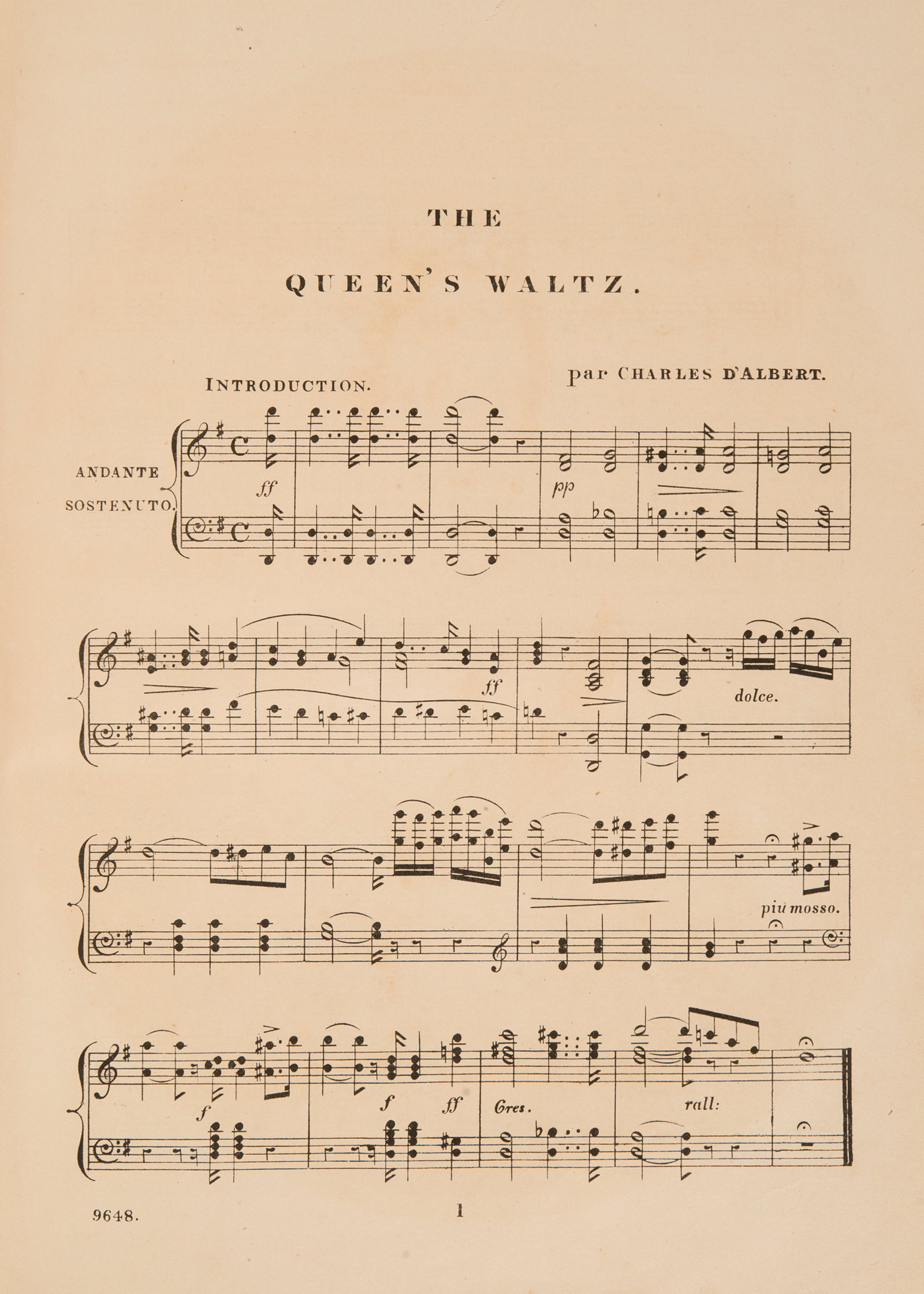 Sheet music, 'The Queen's Waltz', by Charles D'Albert, page 1, published 1857