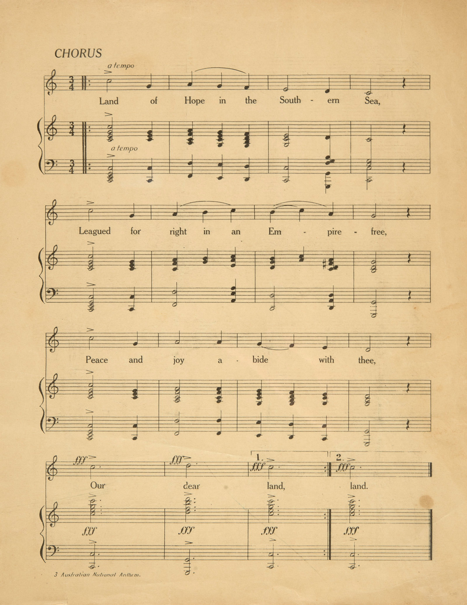 Sheet music,' Australian National Anthem', words and music by Lillian L. Dick, published 1934