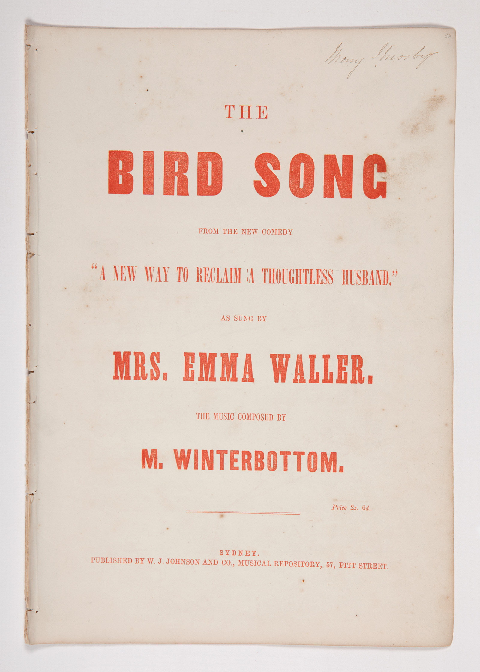 Front cover of sheet music, 'The Bird Song', composed by John Winterbottom, published 1855