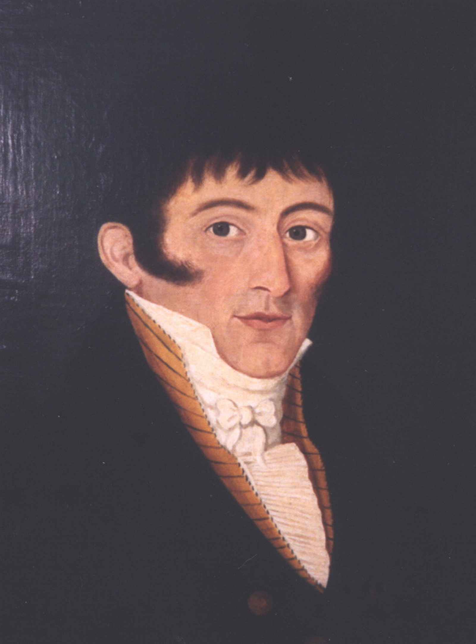 Oil painting of dark haired man against dark background.