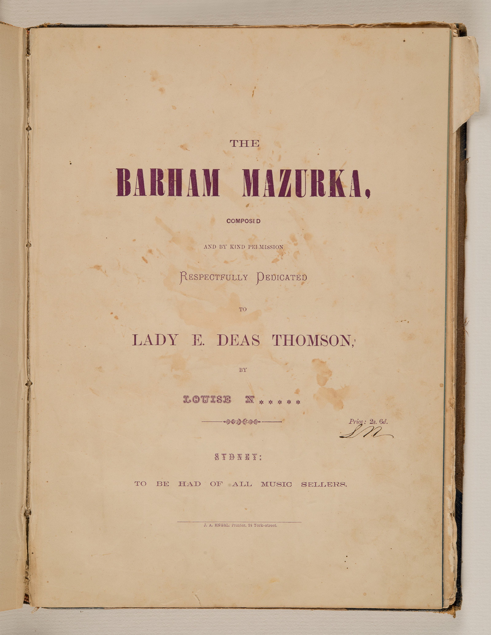 Sheet music, 'The Barham Mazurka', composed by Louise N, published 1876