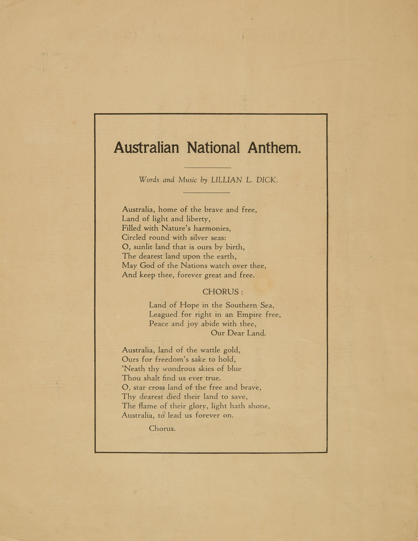 Sheet music lyrics,' Australian National Anthem', words and music by Lillian L. Dick, published 1934