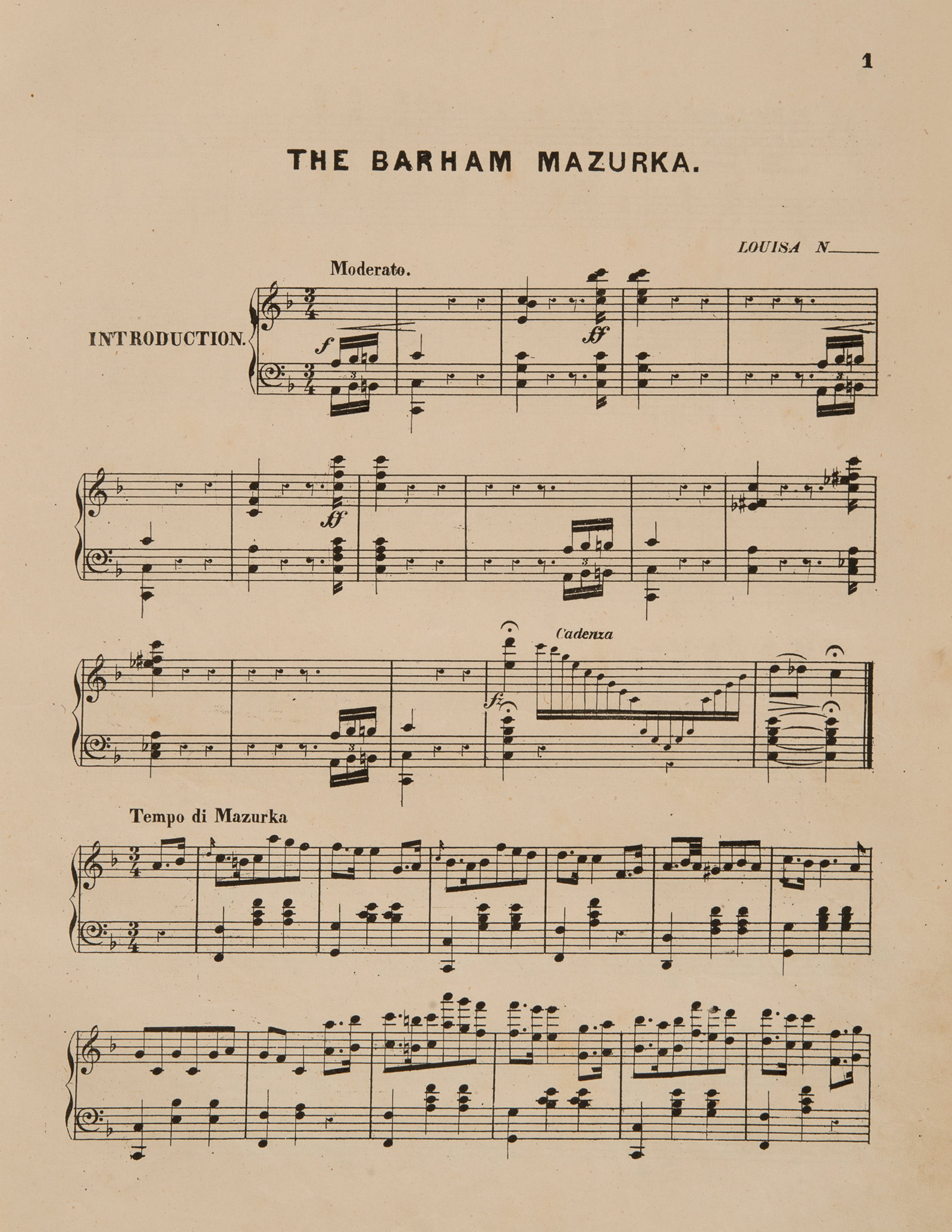 Sheet music, 'The Barham Mazurka', composed by Louise N, page 1, published 1876