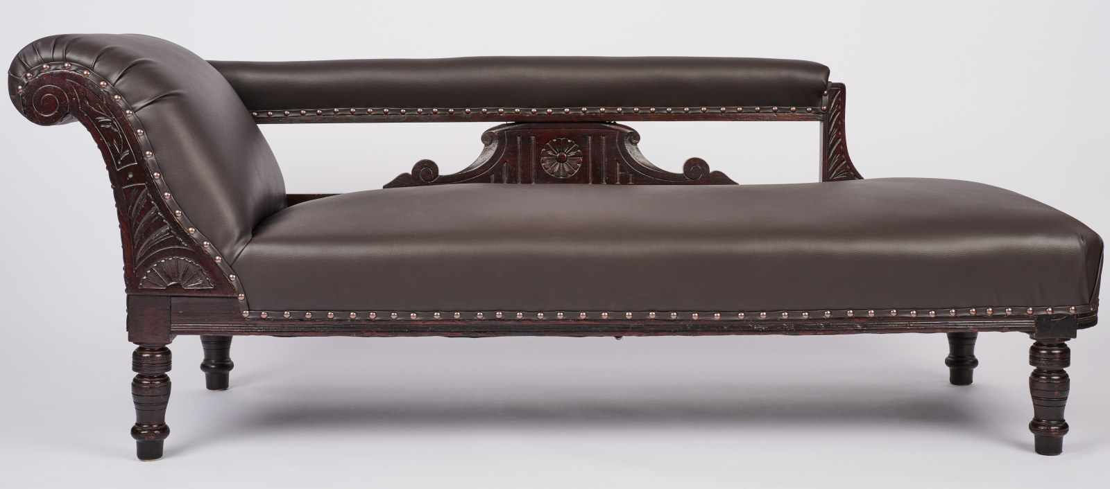 Chaise longue with scroll end, maker unknown, circa 1910s, timber and textile